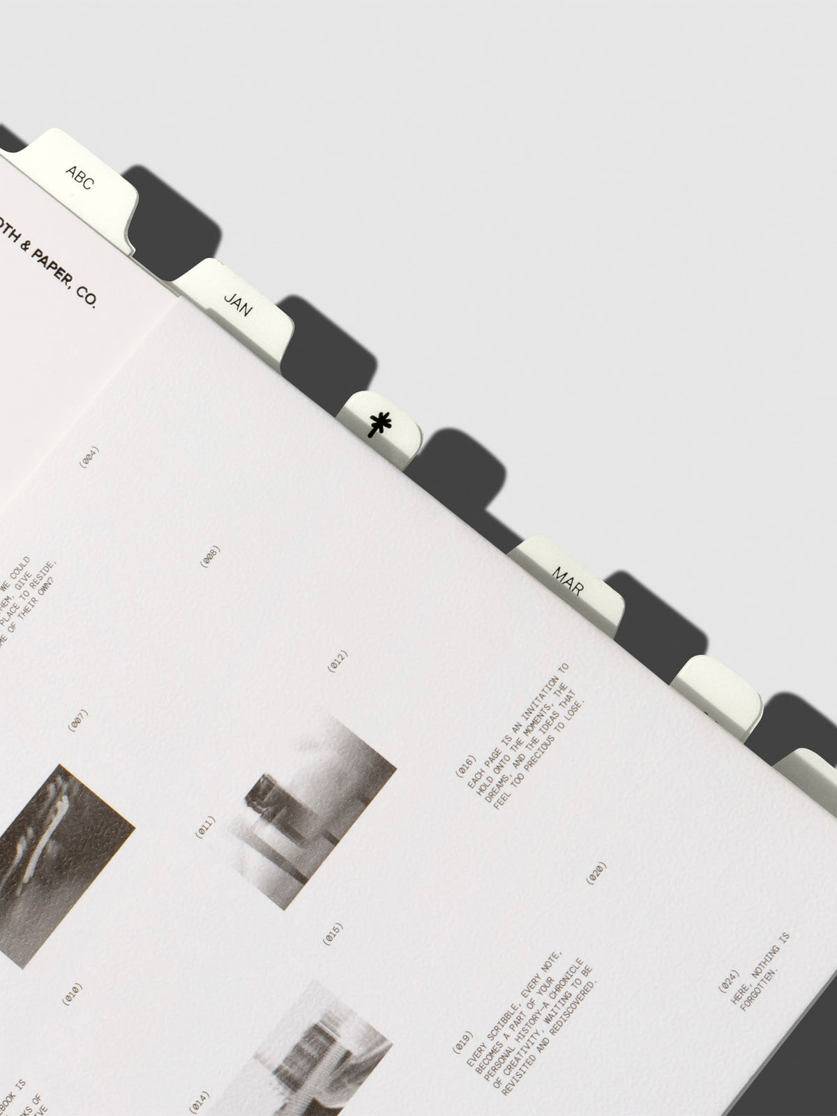 Dividers shown in use inside a notebook. It is also accompanied by Angora colored sticker subdividers.