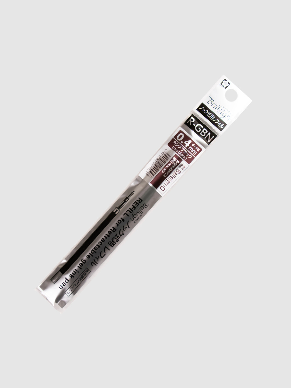 Sakura Ballsign iD Gel Ink Refill, 0.4 mm, Cloth and Paper. Red black ink refill in its packaging turned slightly to the right against a neutral background.