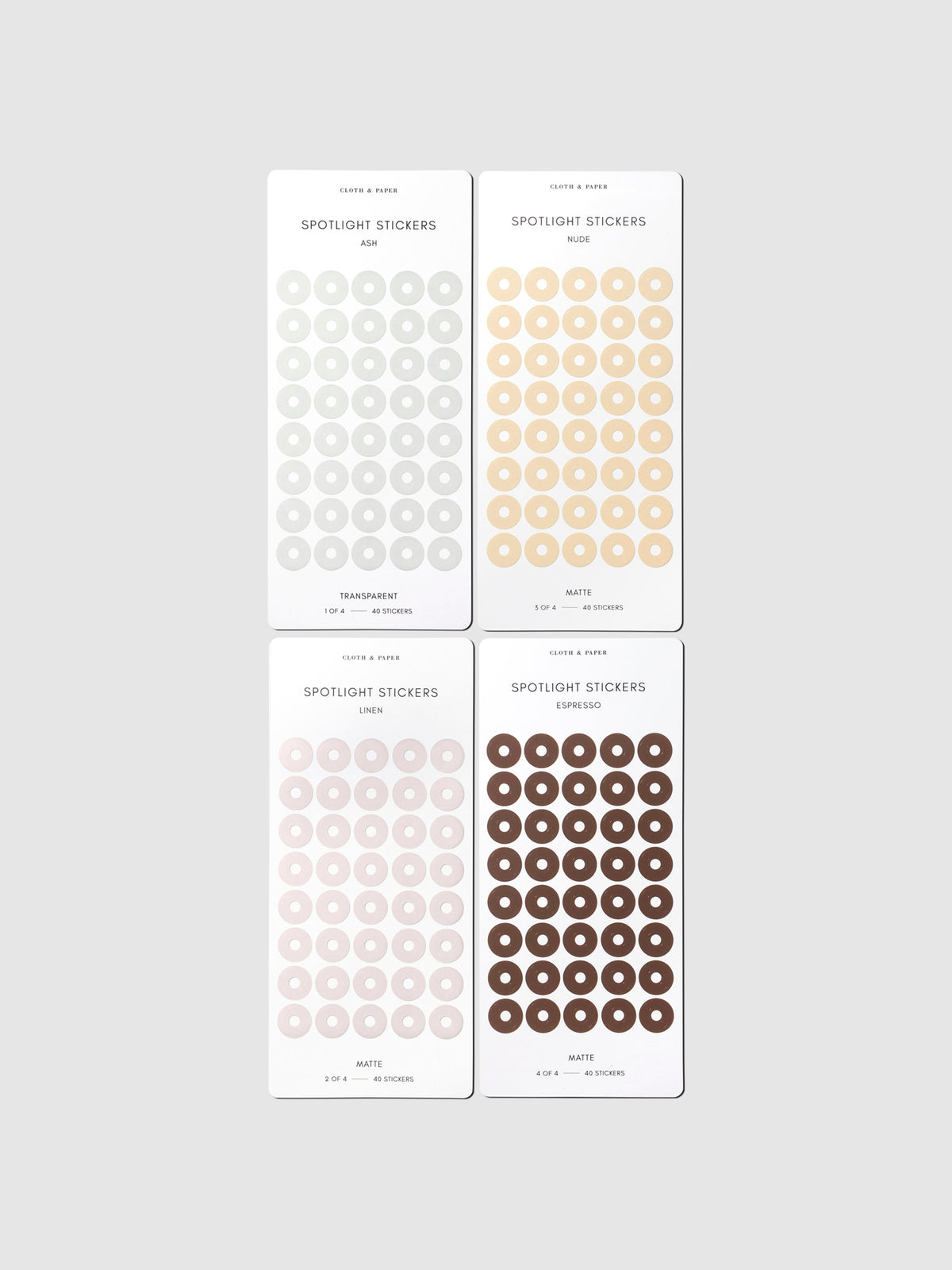 Small Spotlight Stickers, Cloth and Paper. Set of 4 sticker sheets displayed on a neutral background. Set displayed is Volume 1.