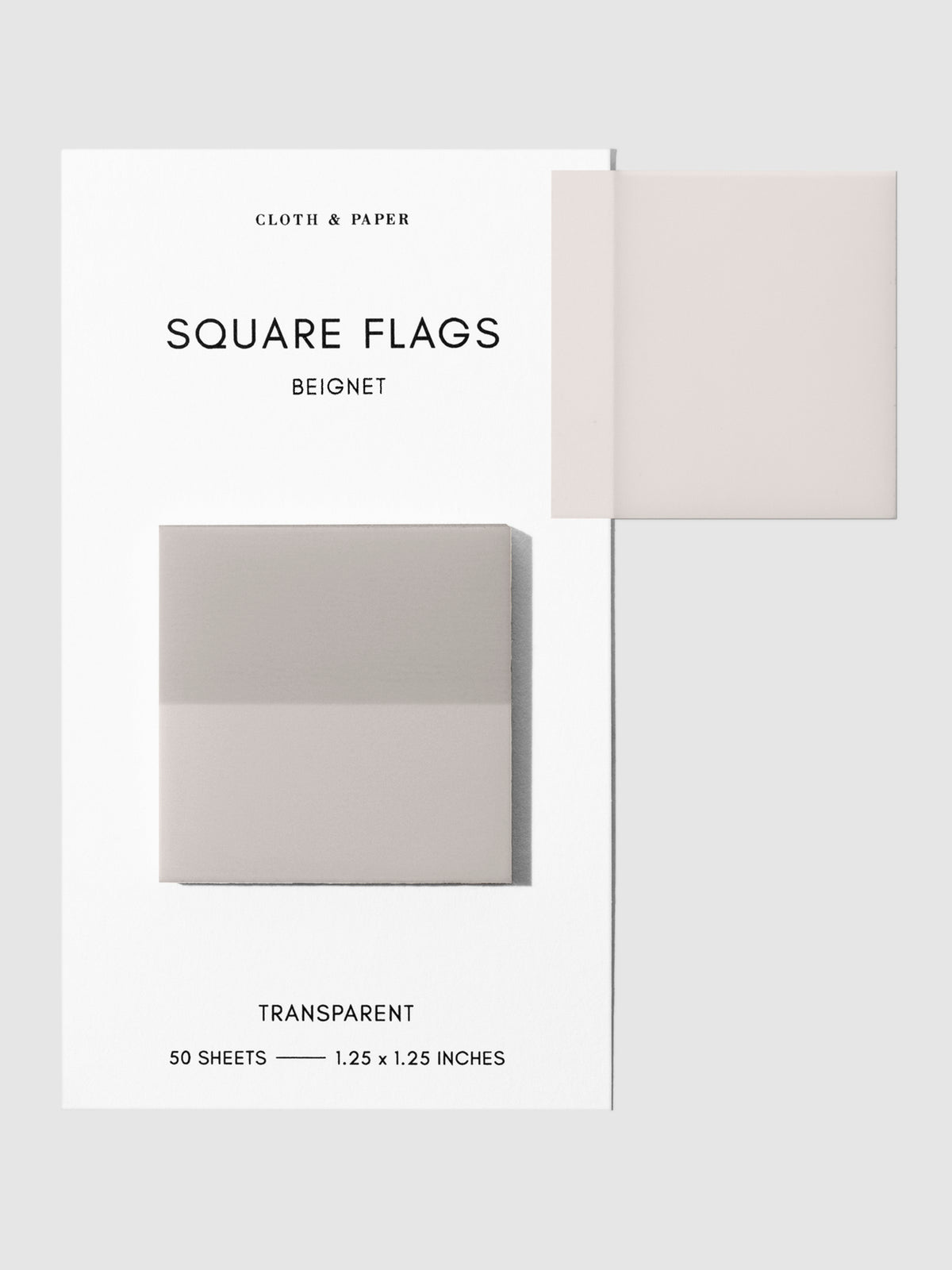 Square Page flag on their backing with one flag removed and attached to the backing to show its transparency. Color pictured is Beignet.