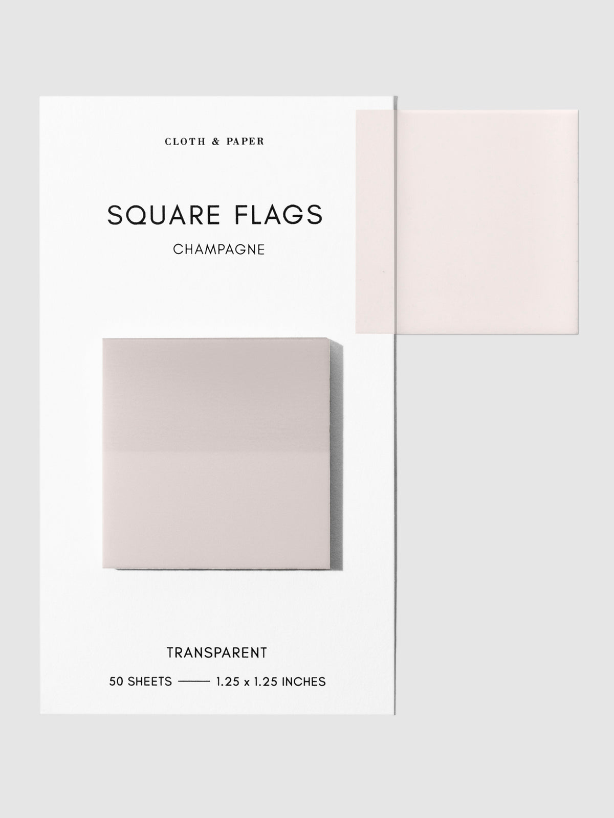 Square Page flag on their backing with one flag removed and attached to the backing to show its transparency. Color pictured is Champagne.