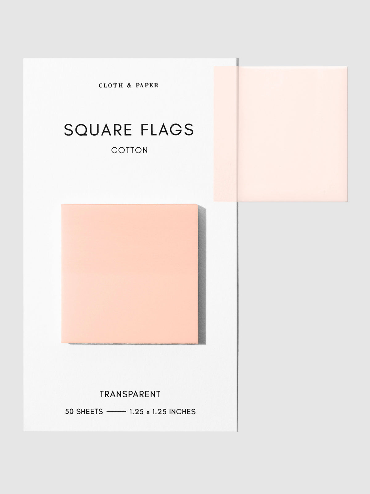 Square Page flag on their backing with one flag removed and attached to the backing to show its transparency. Color shown is Cotton.