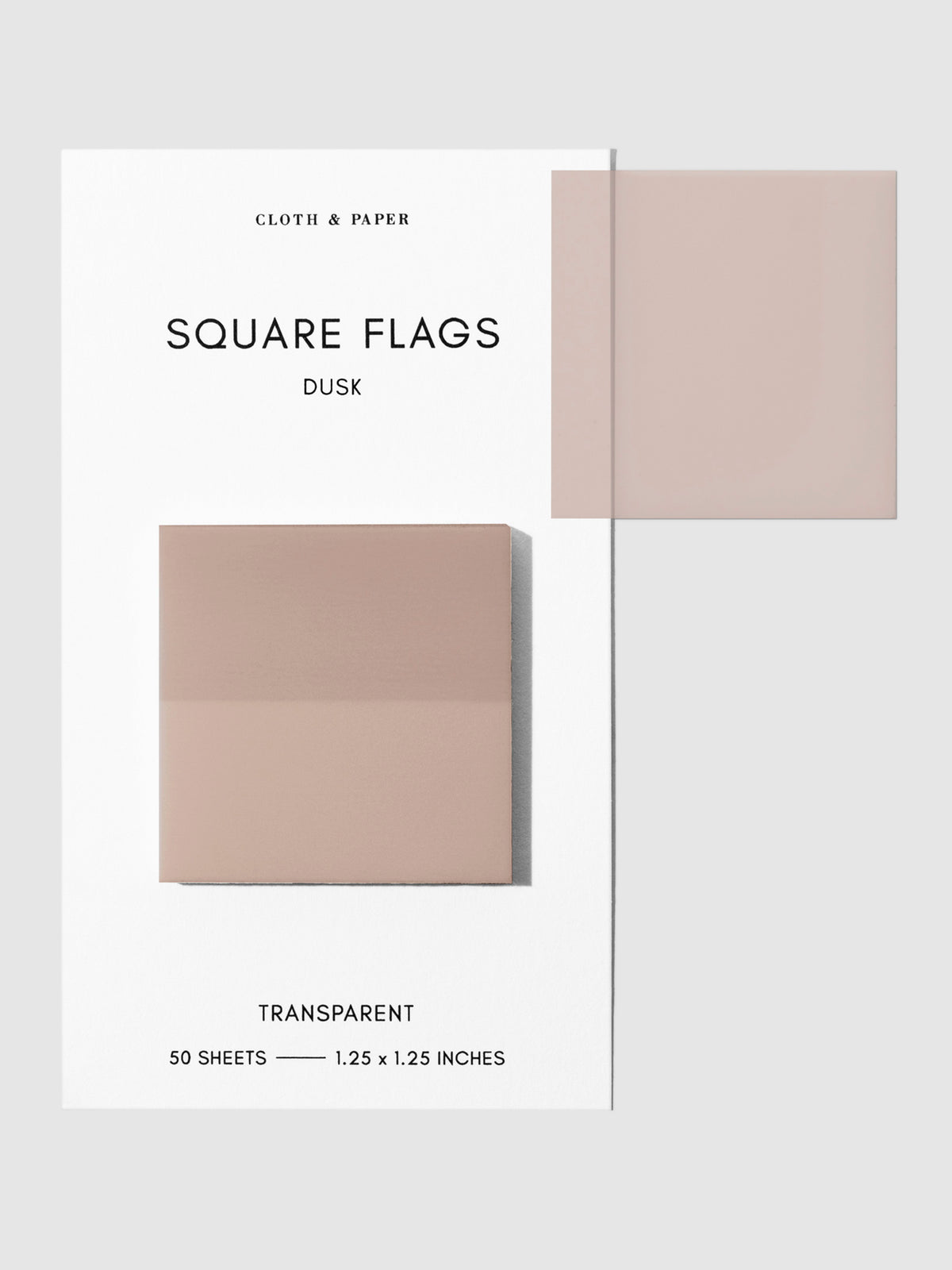 Square Page flag on their backing with one flag removed and attached to the backing to show its transparency. Color shown is Demure.