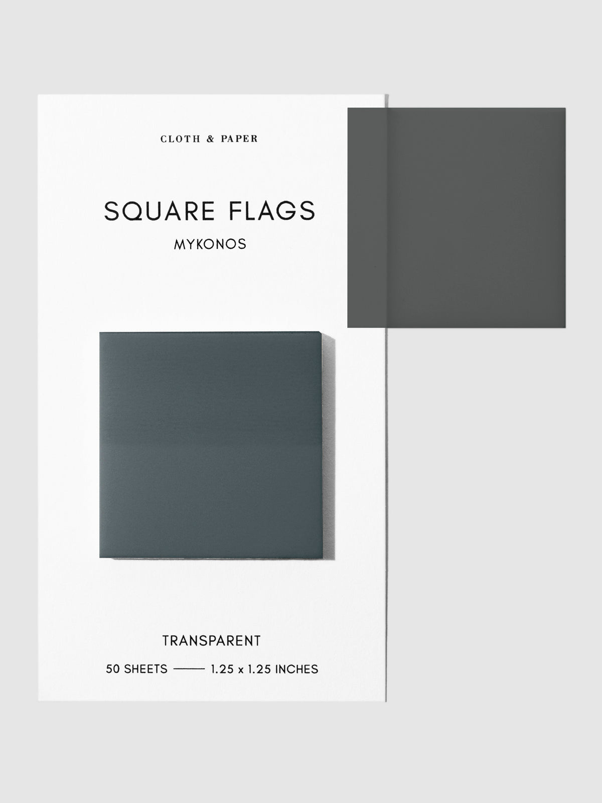 Square Page flag on their backing with one flag removed and attached to the backing to show its transparency. Color shown is Mykonos.
