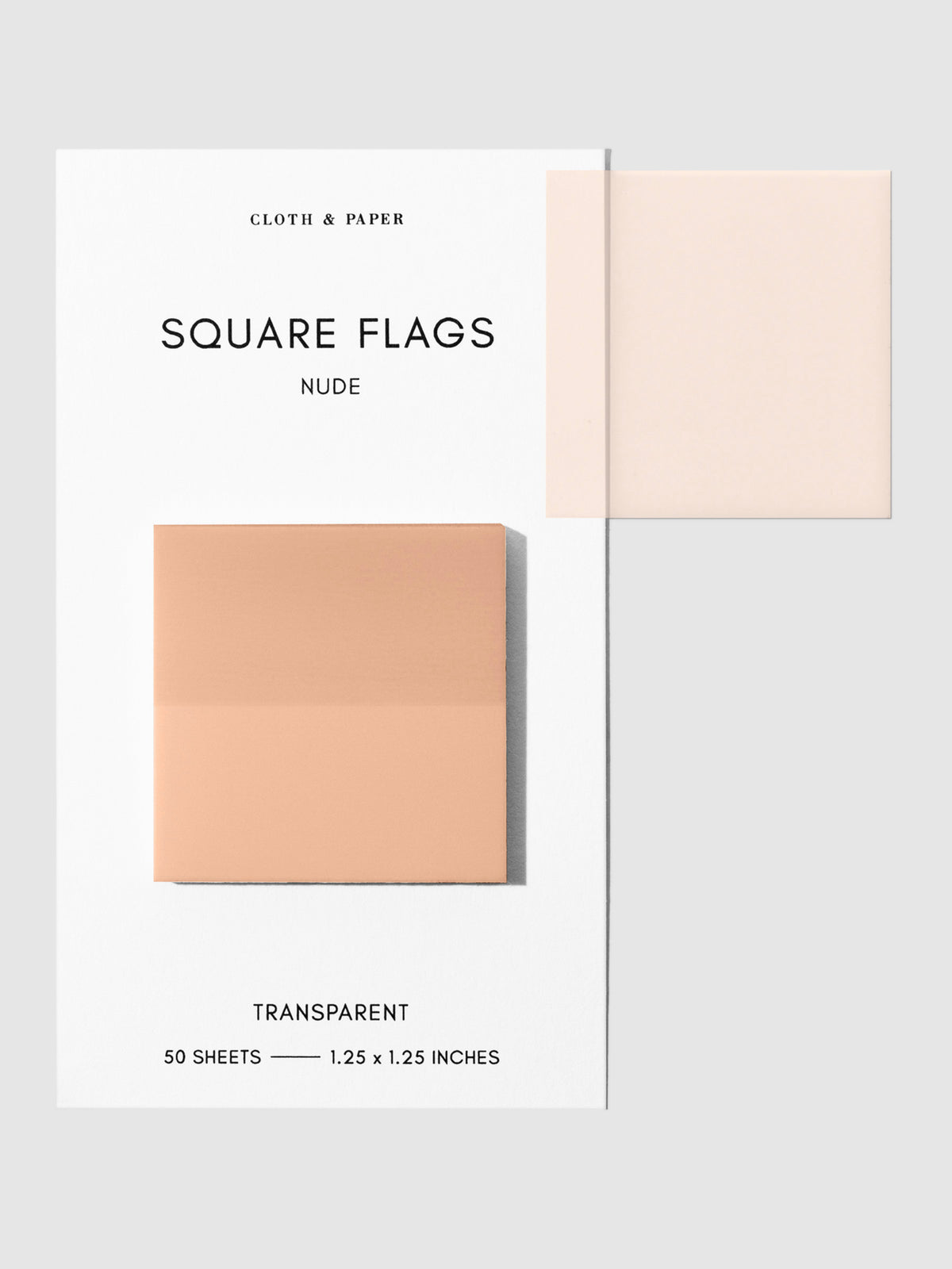 Square Page flag on their backing with one flag removed and attached to the backing to show its transparency. Color shown is Nude.