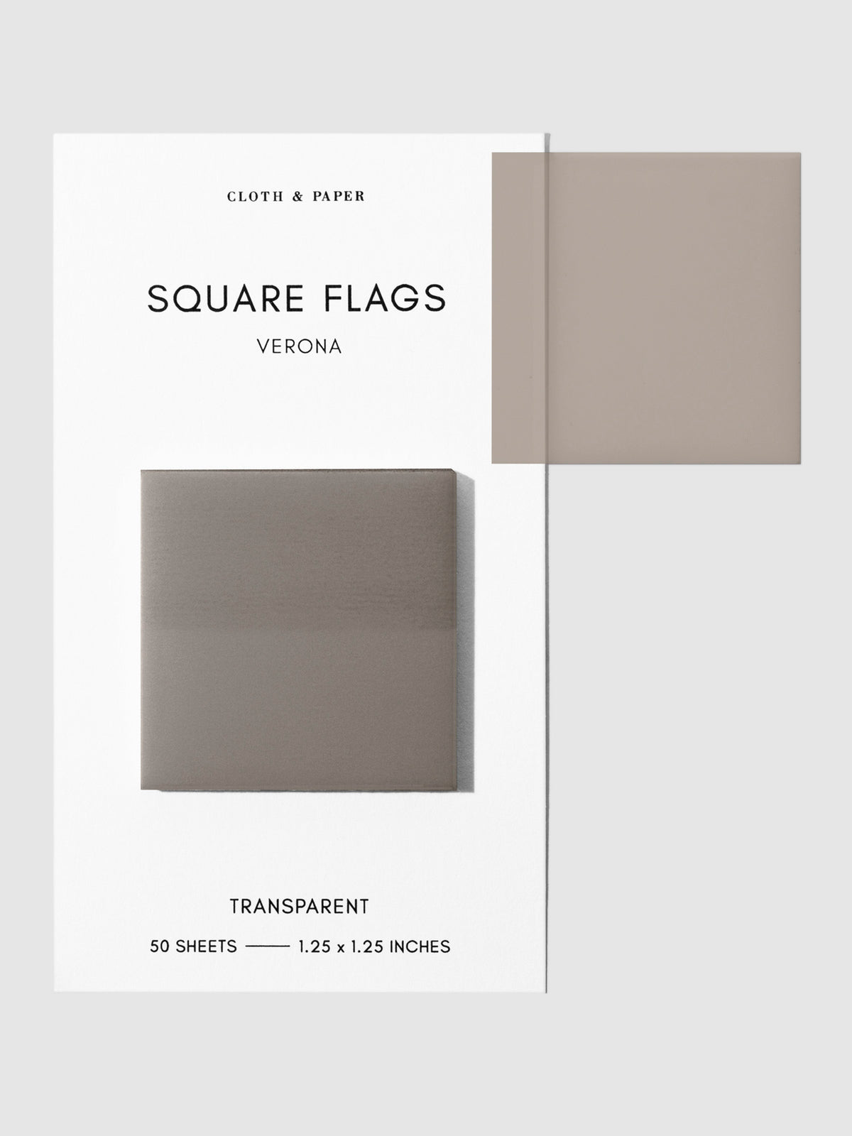 Square Page flag on their backing with one flag removed and attached to the backing to show its transparency. Color shown is Verona.