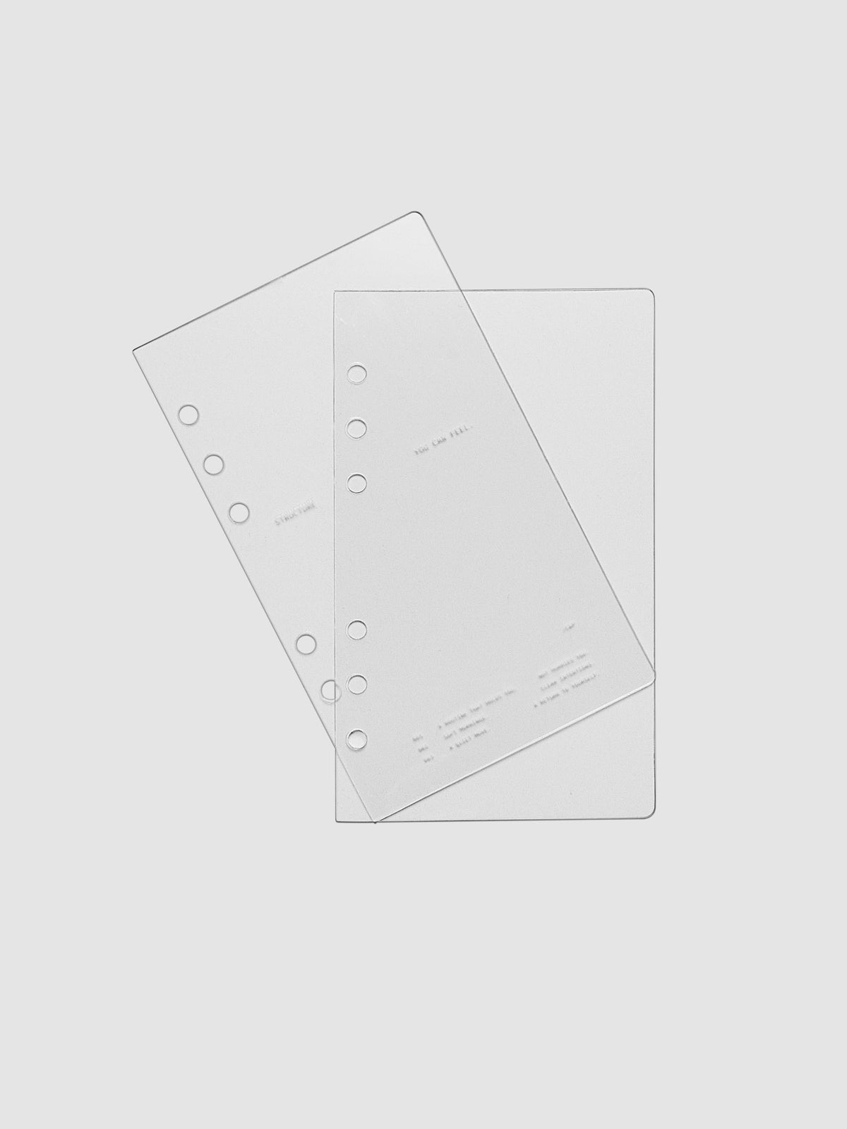 Personal sized crystal clear plastic planner cover set with text printed on the cover on the theme of structure and routines.