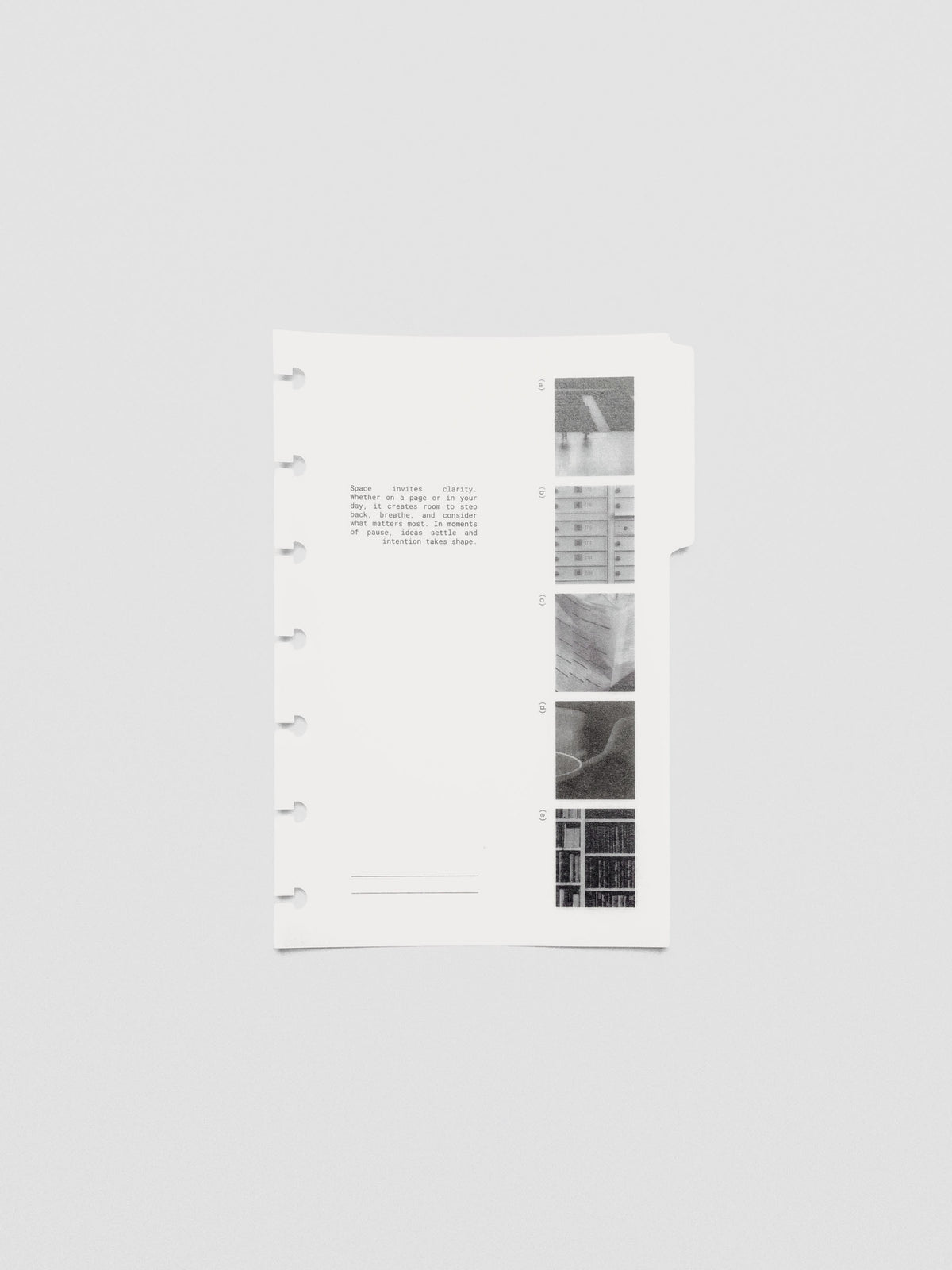 Front view of an Editorial Vellum Divider showing minimal text design printed in black on translucent vellum.