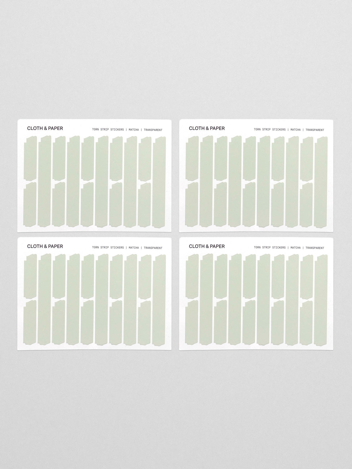 Four sheets of Confidential Collection torn strip stickers in matcha green on white background.