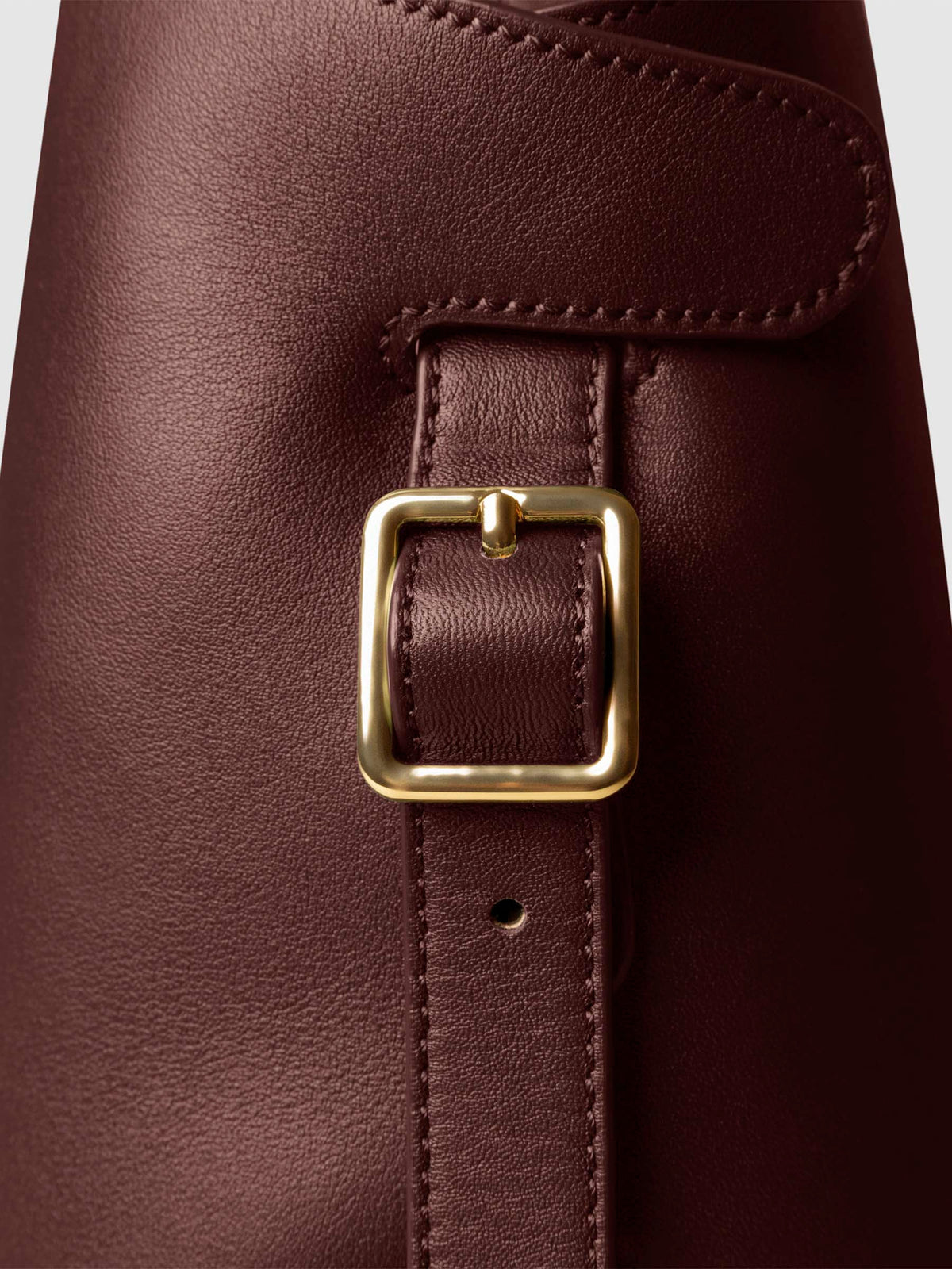 Side view of bag showcasing its gold hardware and adjustable leather strap. Color shown is Cordoba.