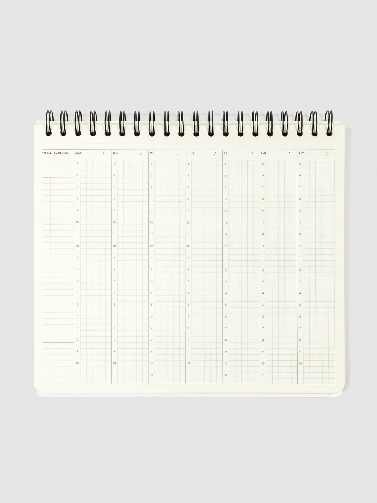 Weekly schedule page displayed on a neutral background. There are fields for Monday through Sunday. On the left side of the page, there are fields for a checklist and two notes sections.