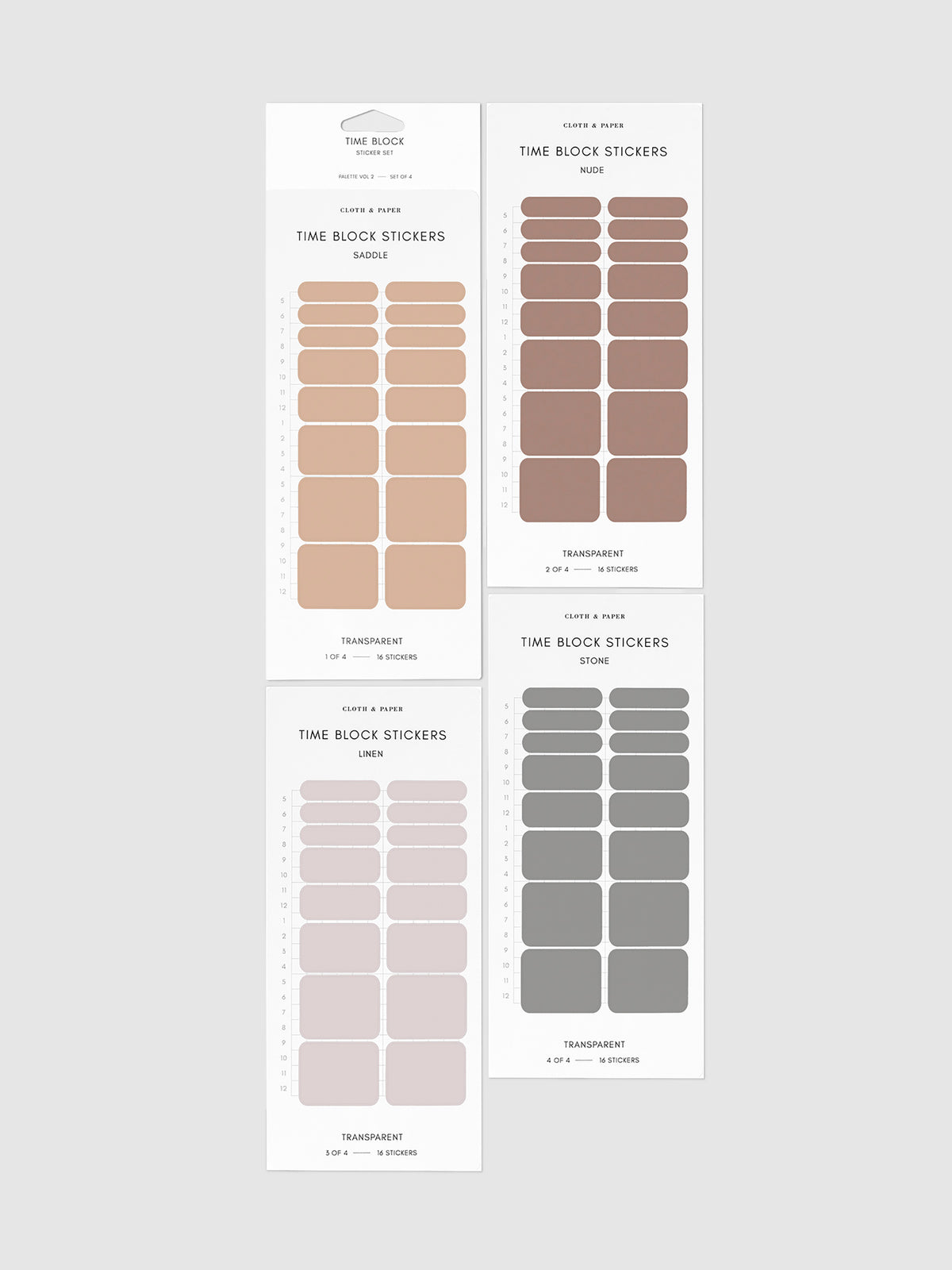 Time Block Sticker Set, Vol 2. Four colors of time block stickers - a light orange, light brown, light mauve, and grey - are arranged together on a neutral background.
