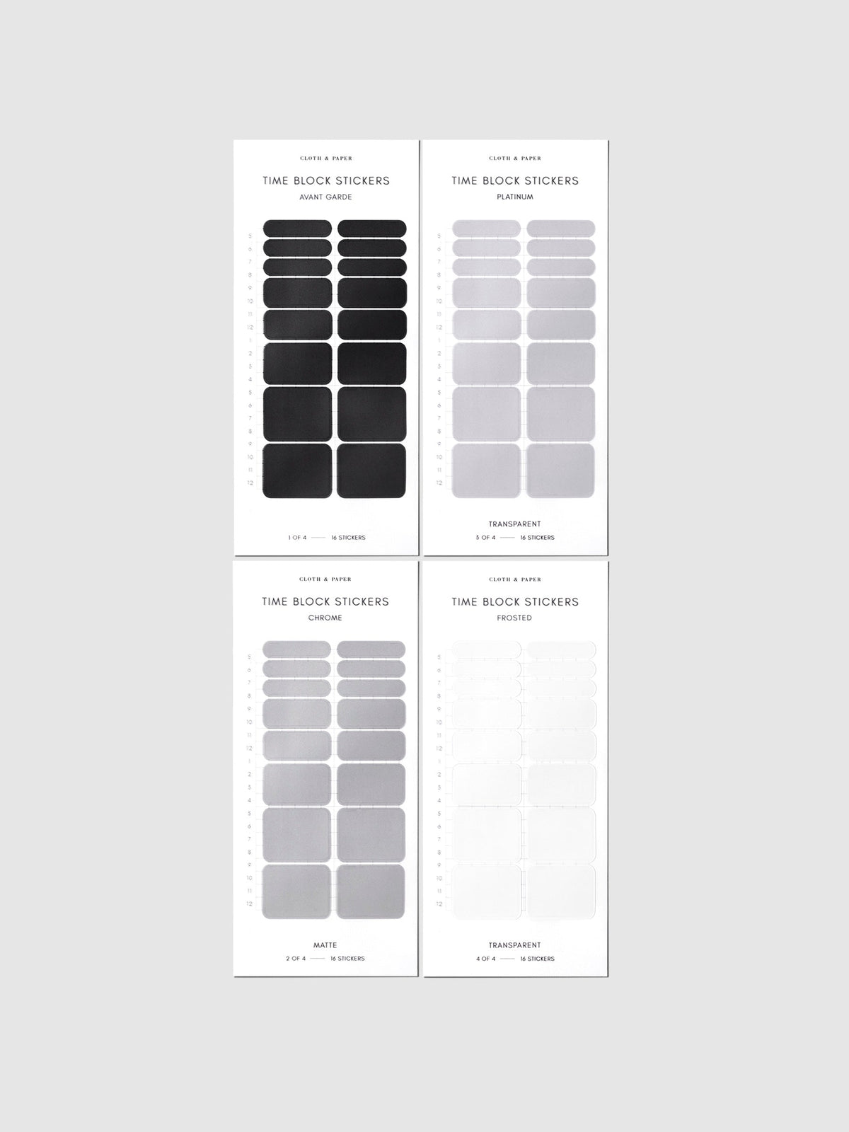 Time Block Sticker Set, Vol 5, Cloth and Paper. Set of four sticker sheets arranged parallel on a neutral background.
