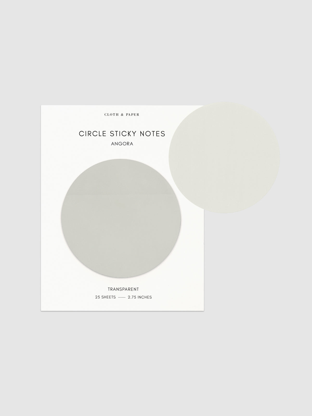 Transparent Circle Sticky Notes displayed on a neutral backround. Color shown is Angora.