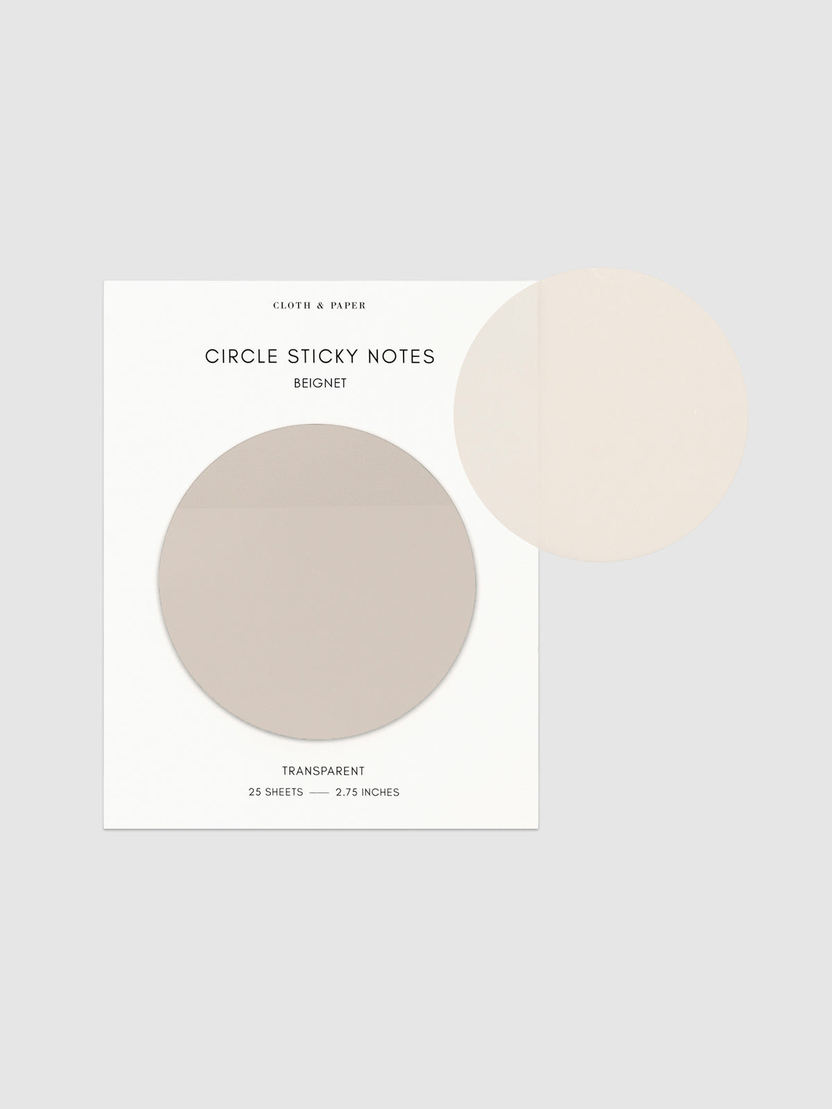 Transparent Circle Sticky Notes displayed on a neutral backround. Color shown is Beignet.