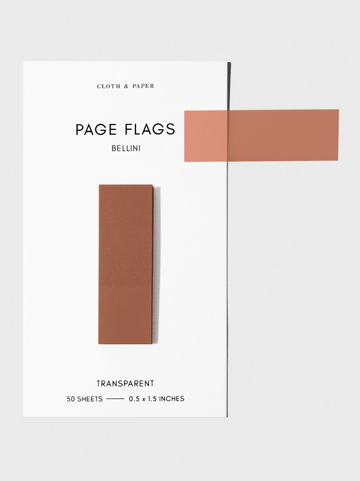 Page flags on their backing with one flag removed and attached to the backing to show its transparency. Color shown is Bellini.
