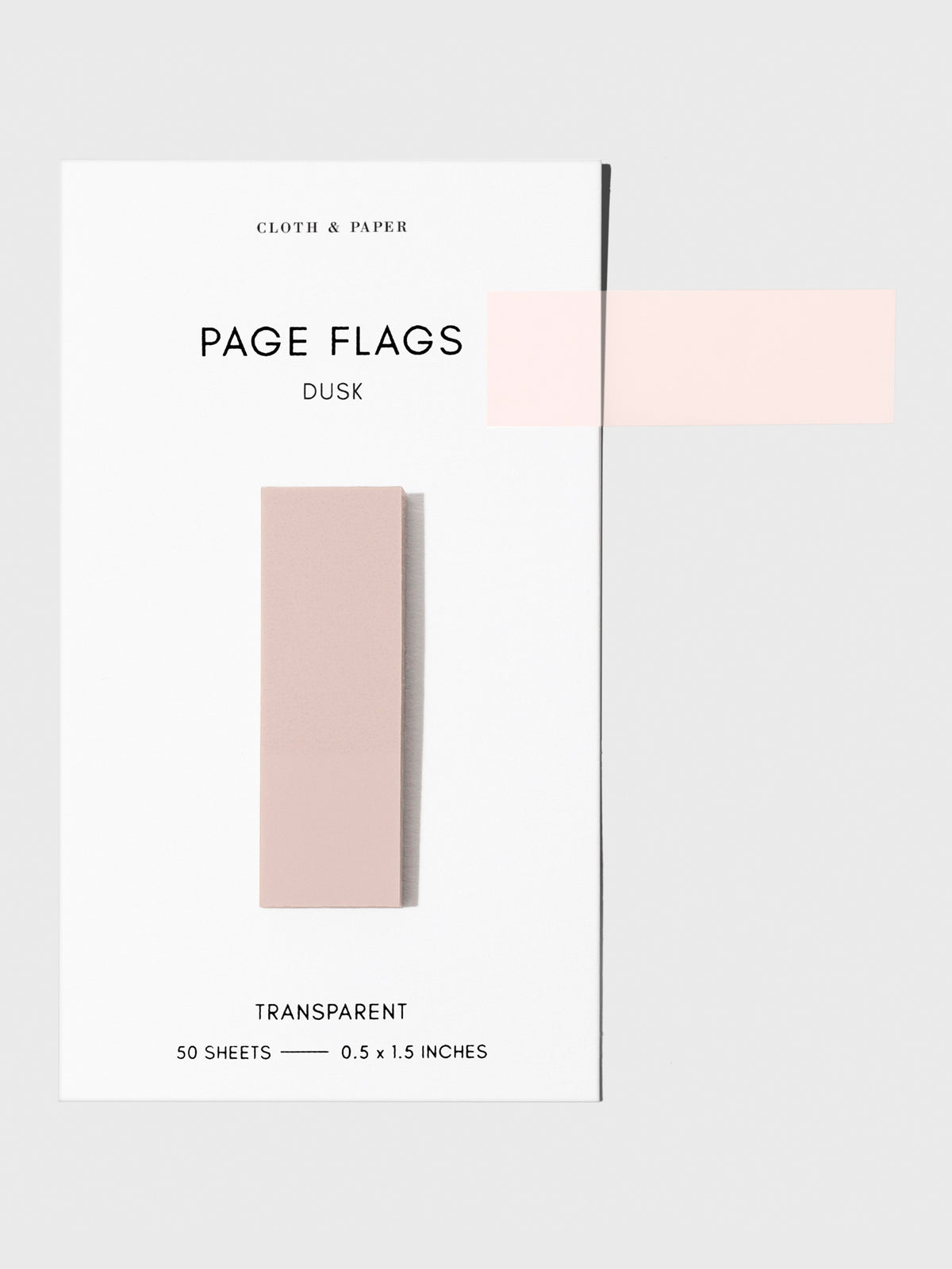 Page flags on their backing with one flag removed and attached to the backing to show its transparency. Color shown is Dusk.