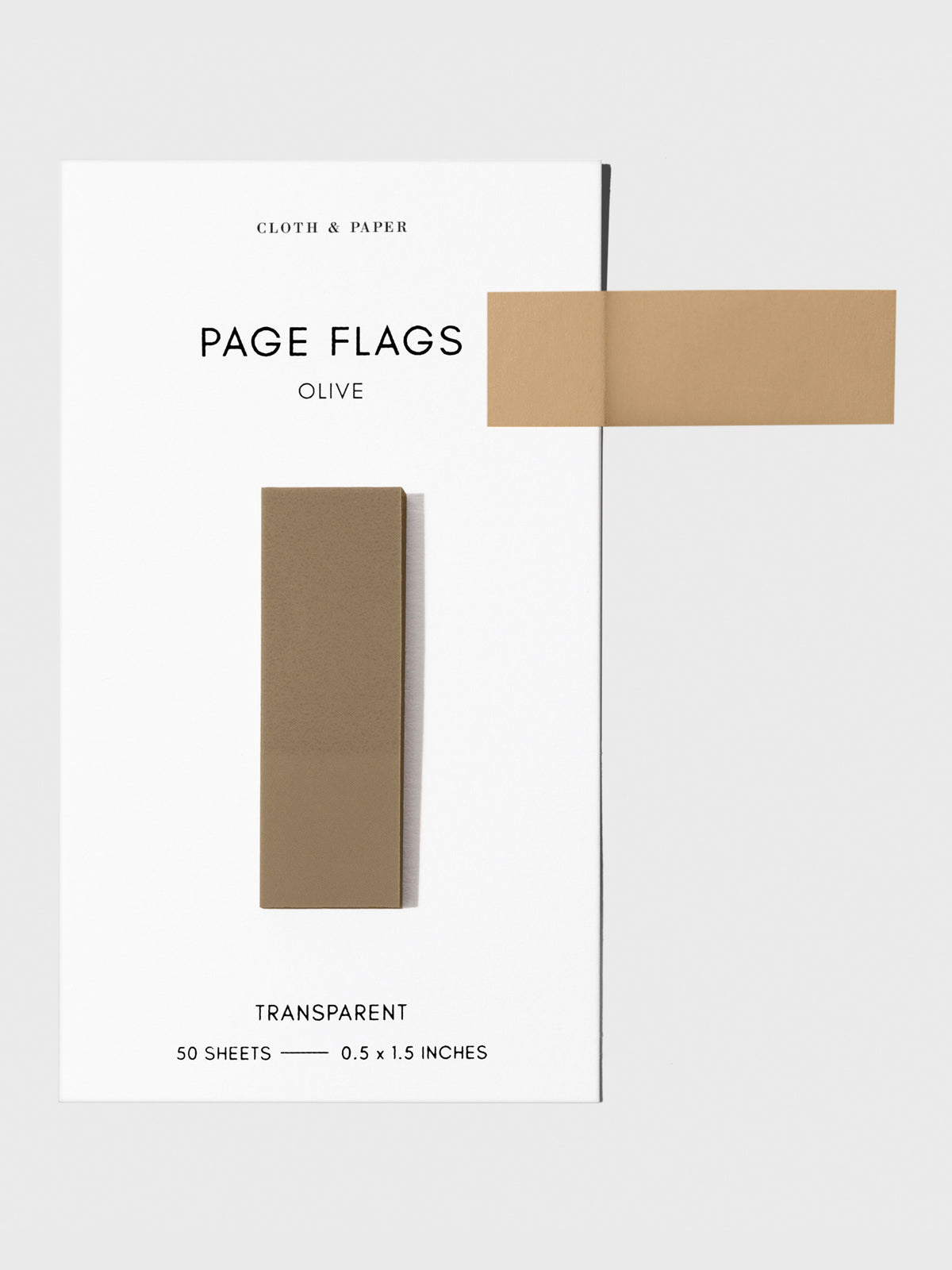 Page flags on their backing with one flag removed and attached to the backing to show its transparency. Color shown is Olive.