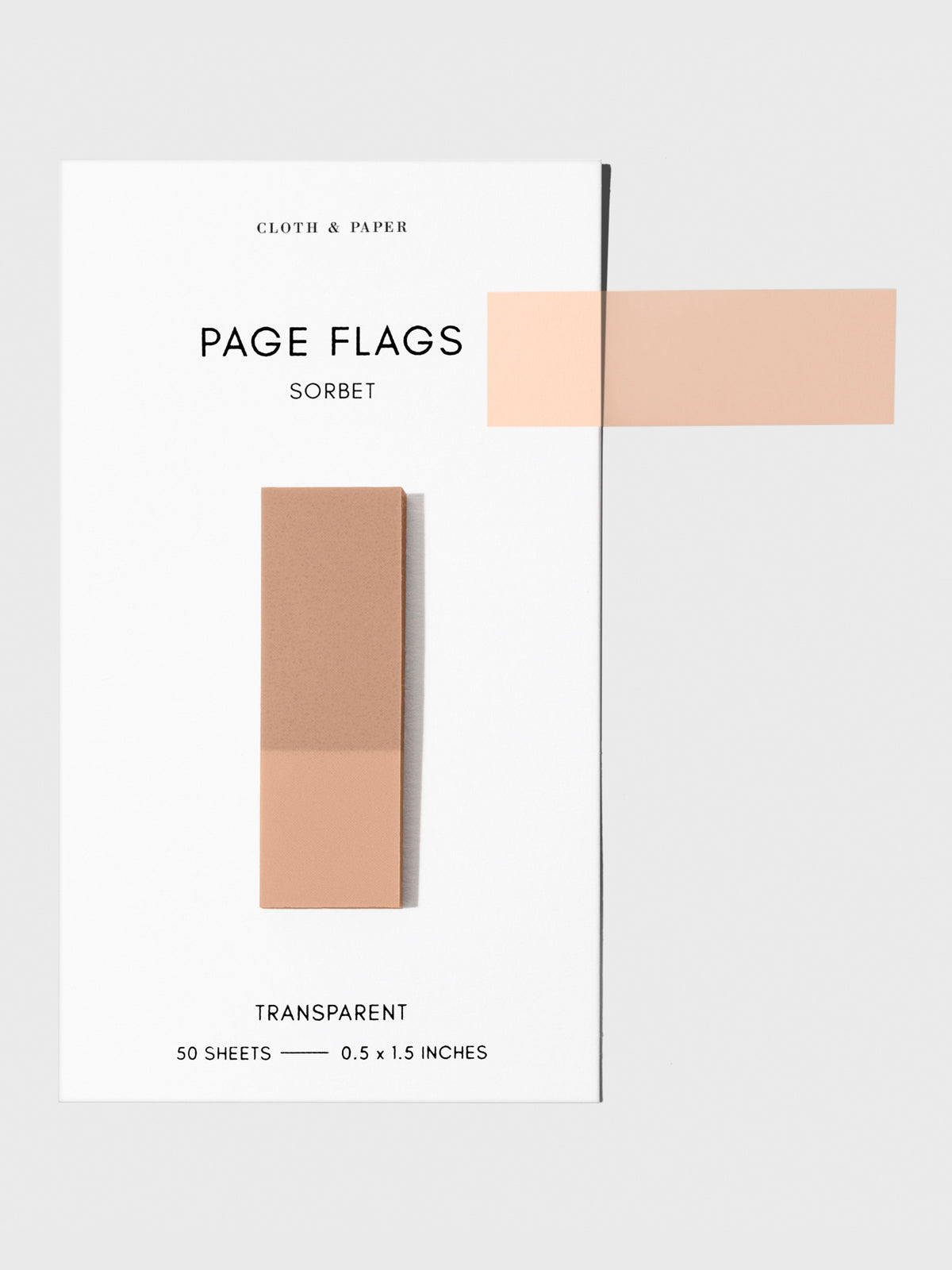 Page flags on their backing with one flag removed and attached to the backing to show its transparency. Color shown is Sorbet.
