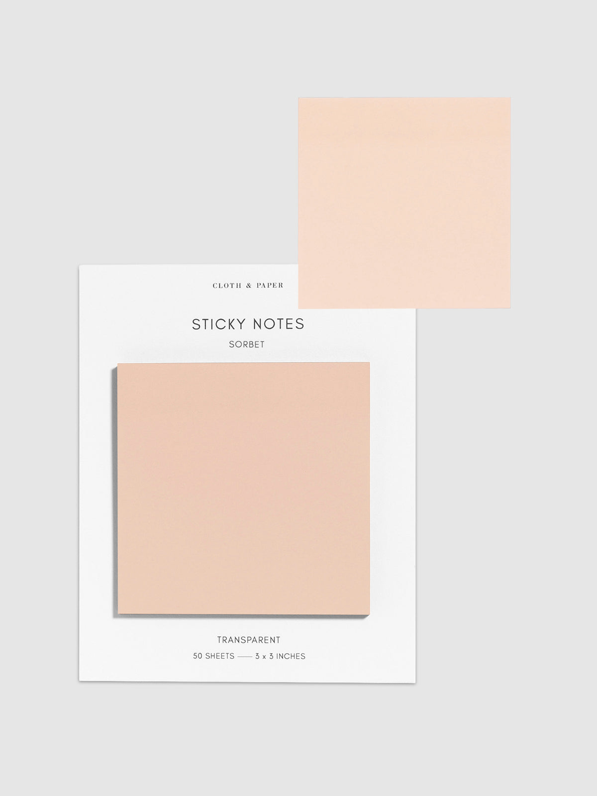 Sticky notes on their backing displayed on a neutral background. One sticky note is displayed on the corner of the backing to show its transparency. Color pictured is Sorbet.