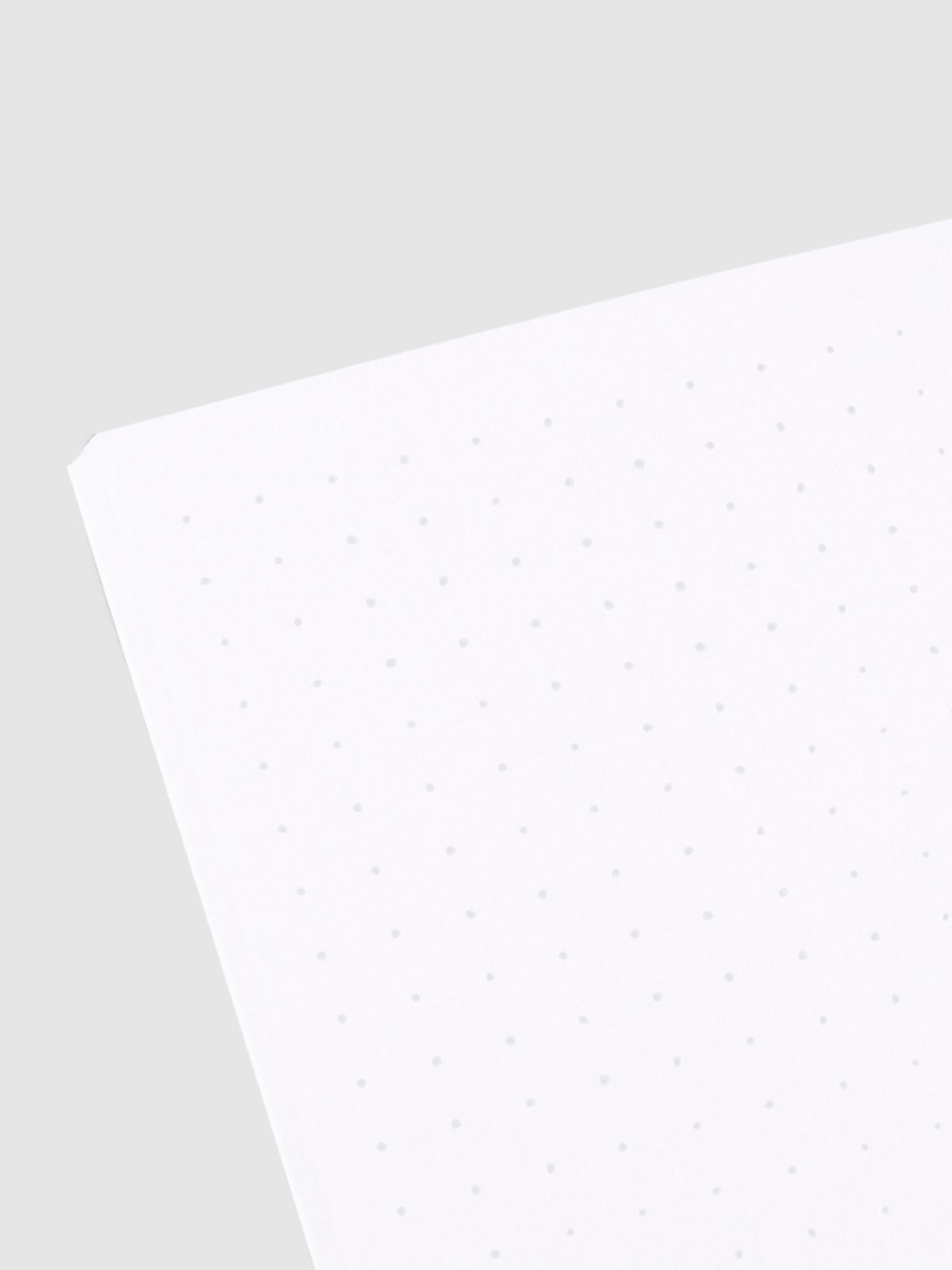 Close up image of the top left corner of the dot grid notebook page. The page is turned on a left angle and is displayed on a light gray background