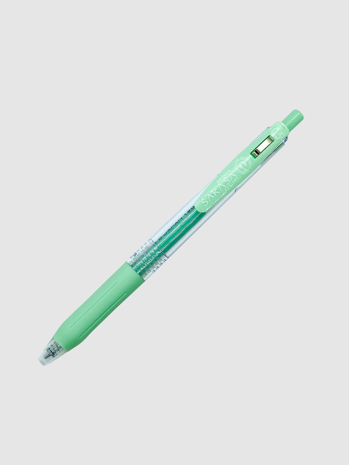 Zebra Sarasa Clip, 0.5 mm, Milk Green, Cloth and Paper. Pen turned to the right against a neutral background.