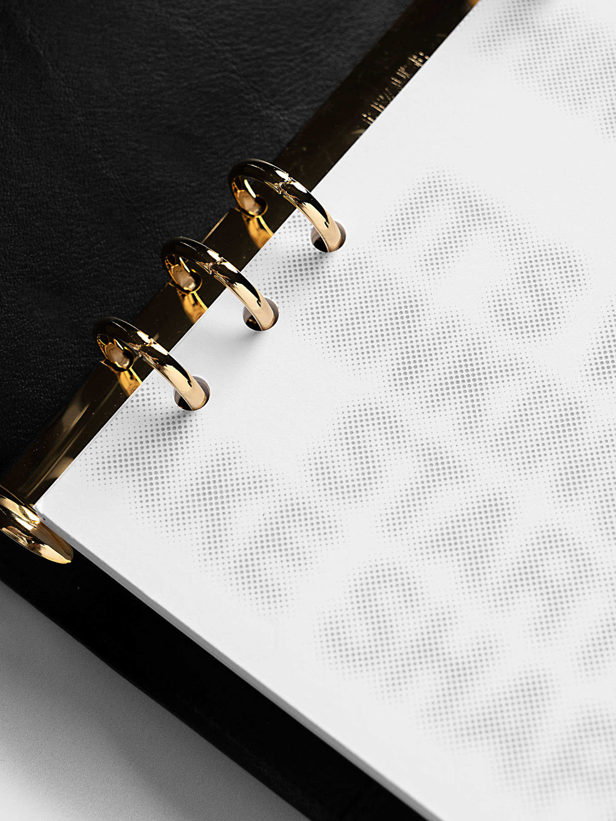 Halftone Planner Dashboard, A5 6-Ring Punch, close-up of the top corner on the gold rings, the dotted letters fading toward the edge