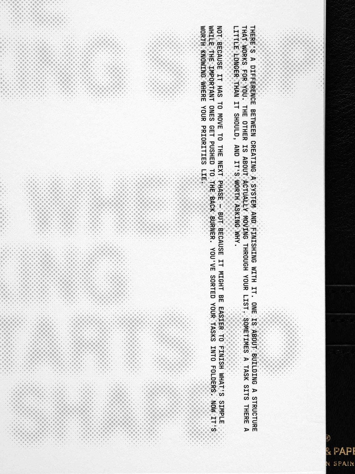 Halftone Planner Dashboard, A5 6-Ring Punch, close-up of the right edge where the black typewriter text runs down beside the dotted headline
