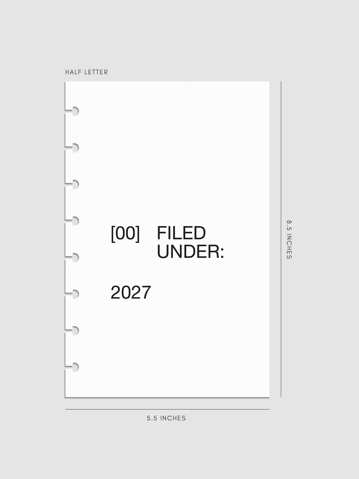 2027 Front + Monthly Dashboard Overlays, Avant Garde, Half Letter 8-Disc Punch, set of 13 translucent vellum overlays including a front cover overlay and 12 monthly dashboards printed in black ink