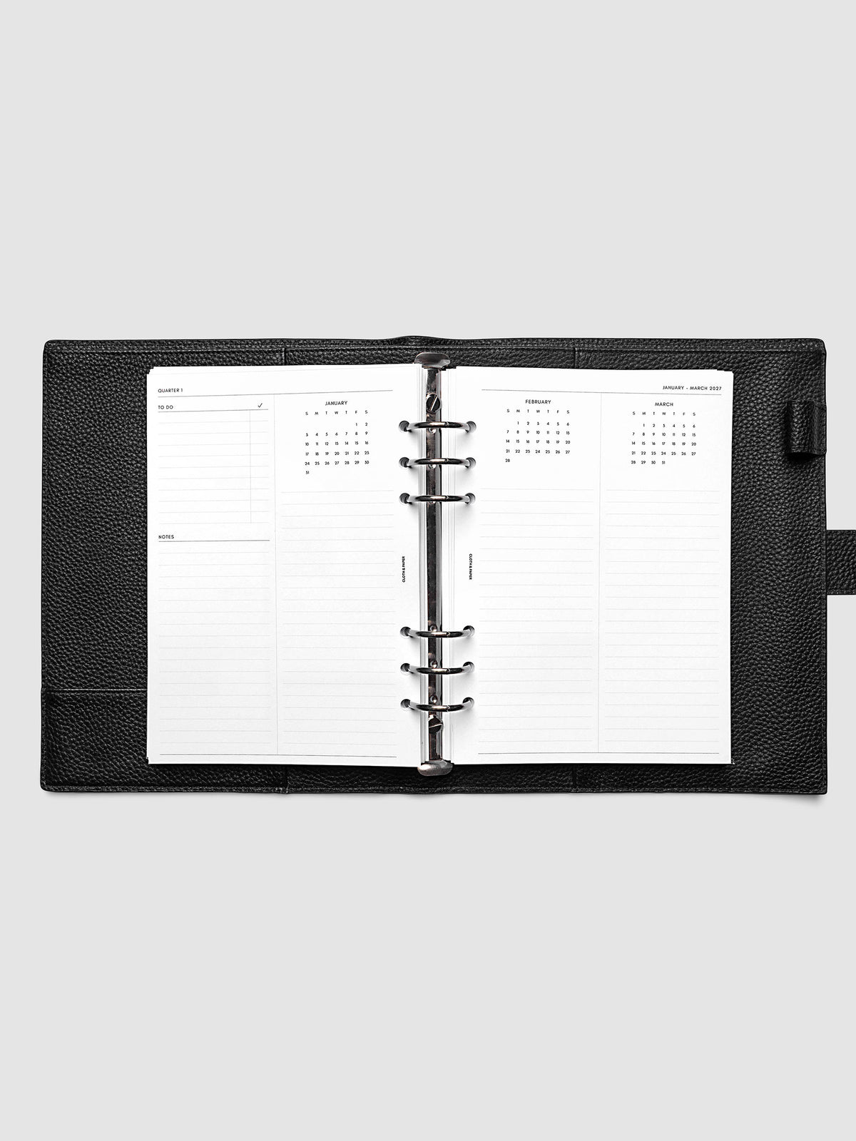2027 Dated Yearly Overview Planner Inserts Sunday Start, A5 6-Ring Punch, full quarterly spread showing goal-setting, to-do, and notes sections on the left page alongside three monthly calendar views with notes sections on the right page, shown inside a planner