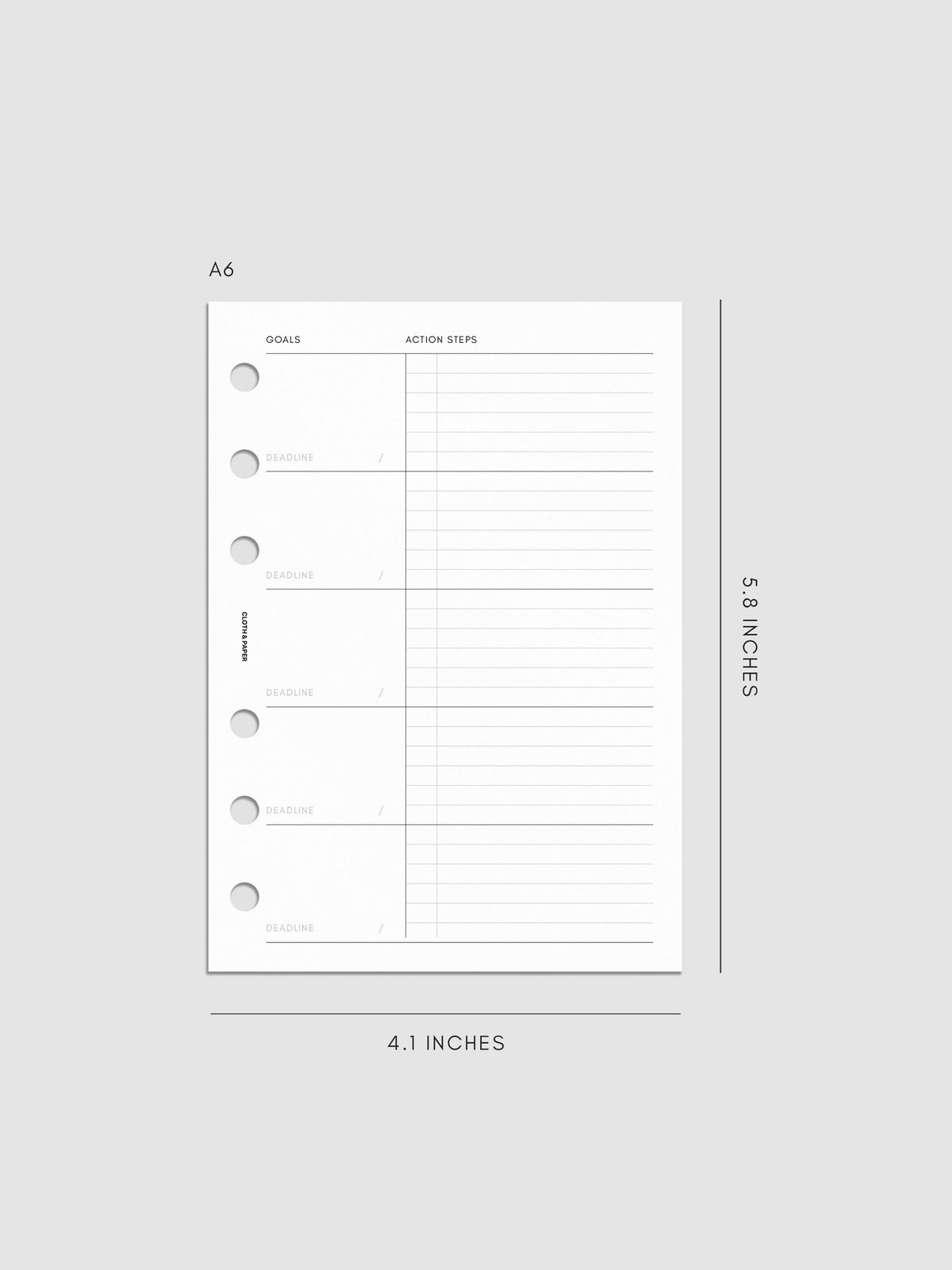 A6-sized planner page with sections for goals, deadlines, and action steps, measuring 5.8 by 4.1 inches. The page has five rows for goals and deadlines on the left and lined space for action steps on the right.
