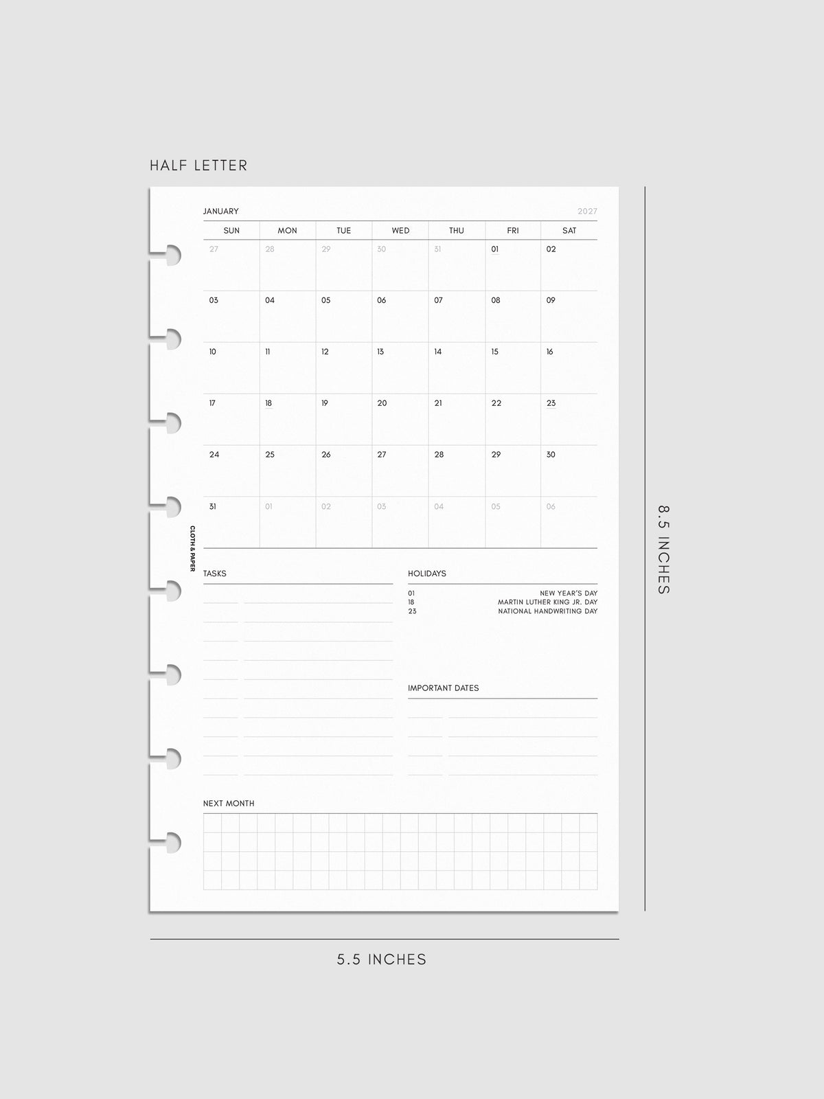 2027 Dated Monthly Admin Inserts in Half Letter 8-Disc Punch size, shown as a styled flat lay mockup.