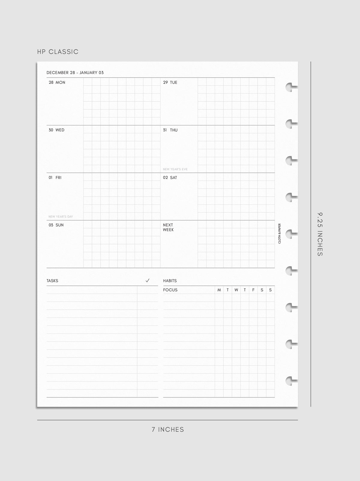 Digital mockup of the left page of the 2027 Dated Weekly Admin insert in HP Classic 9-Disc Punch size, showing the weekly overview with sections for tasks and habit tracking