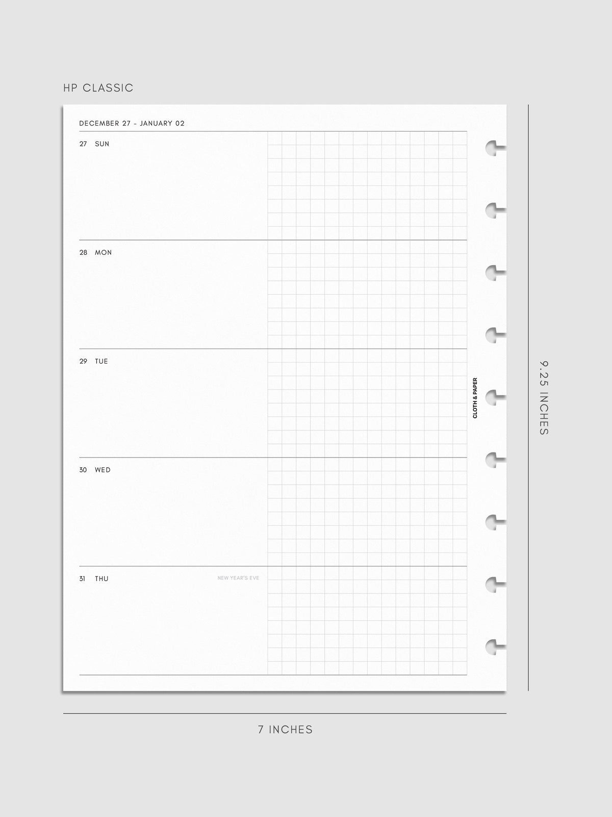 Mockup of the 2027 Dated Weekly Horizontal Planner Inserts | Sunday Start left page shown in size HP Classic 9-Disc Punch