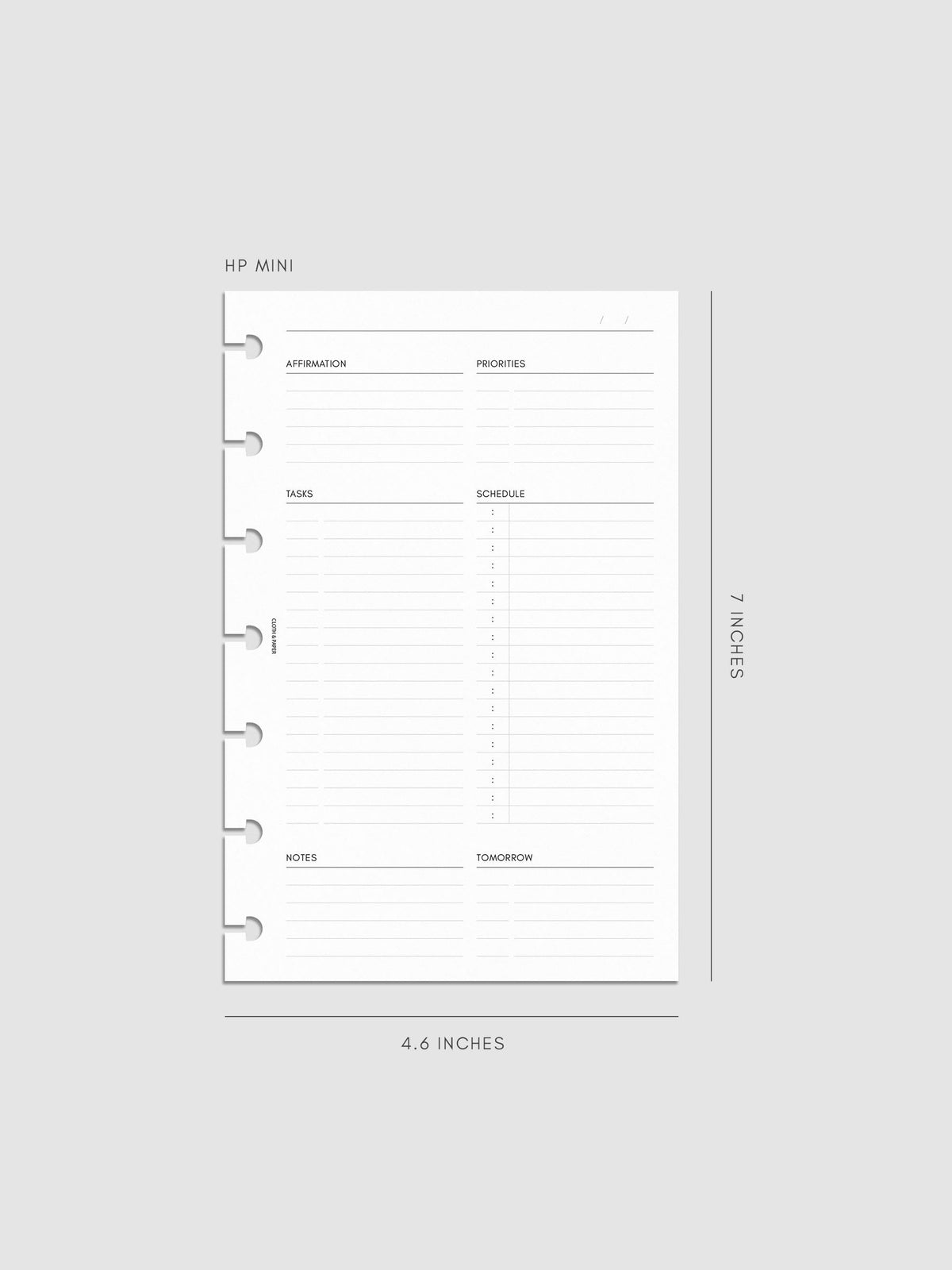 Daily Essentials Planner Inserts digital mockup in size HP Mini, pre-punched for discbound notebooks. Includes headers for affirmations, priorities, tasks, schedule, notes, and tomorrow.