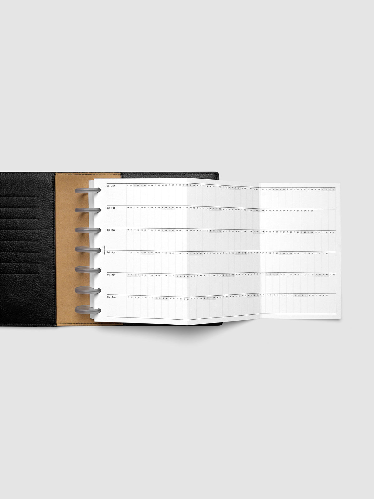 2027 Dated Fold Out Insert fully unfolded inside a HP Mini 7-Disc Punch discbound planner, showing six months of dated calendar boxes across one side.