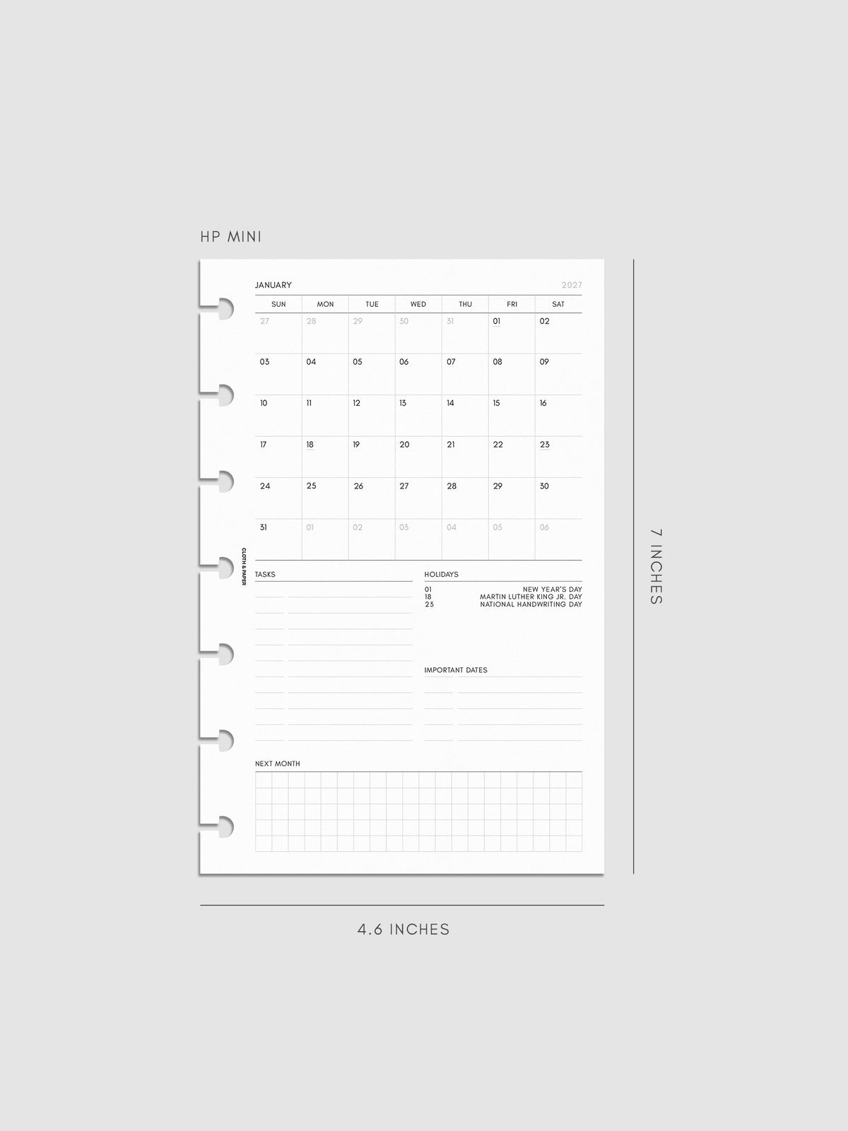 2027 Dated Monthly Admin Inserts in HP Mini 7-Disc Punch size, shown as a styled flat lay mockup.