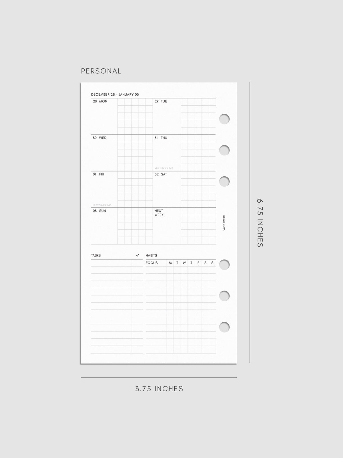 Digital mockup of the left page of the 2027 Dated Weekly Admin insert in Personal 6-Ring Punch size, showing the weekly overview with sections for tasks and habit tracking