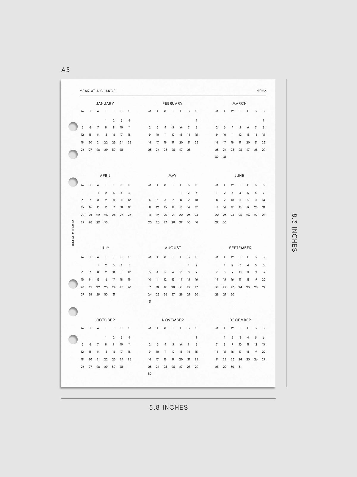 Digital mockup of insert in A5. Year at a glance shown. 