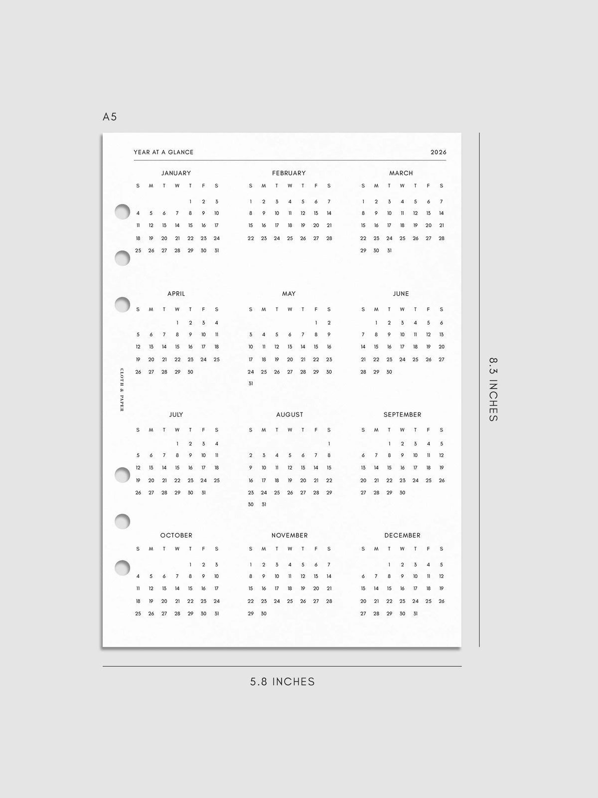 Digital mock-up of the Year at a Glance page in A5.