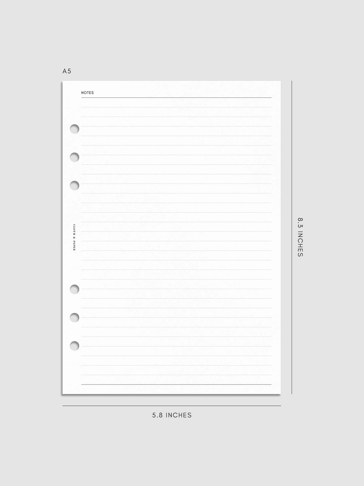 Digital mockup of insert in A5. Lined notes page shown.