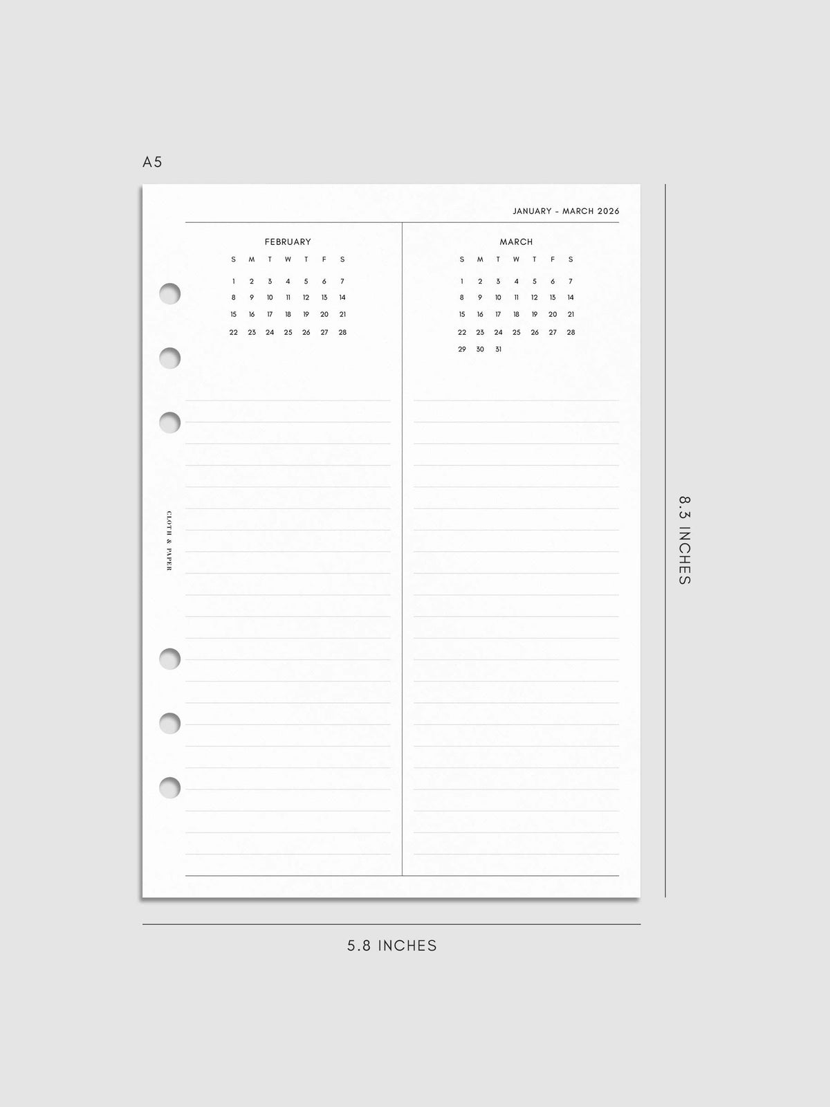 Digital mock-up of the 2026 Year Overview Planner Inserts in A5.