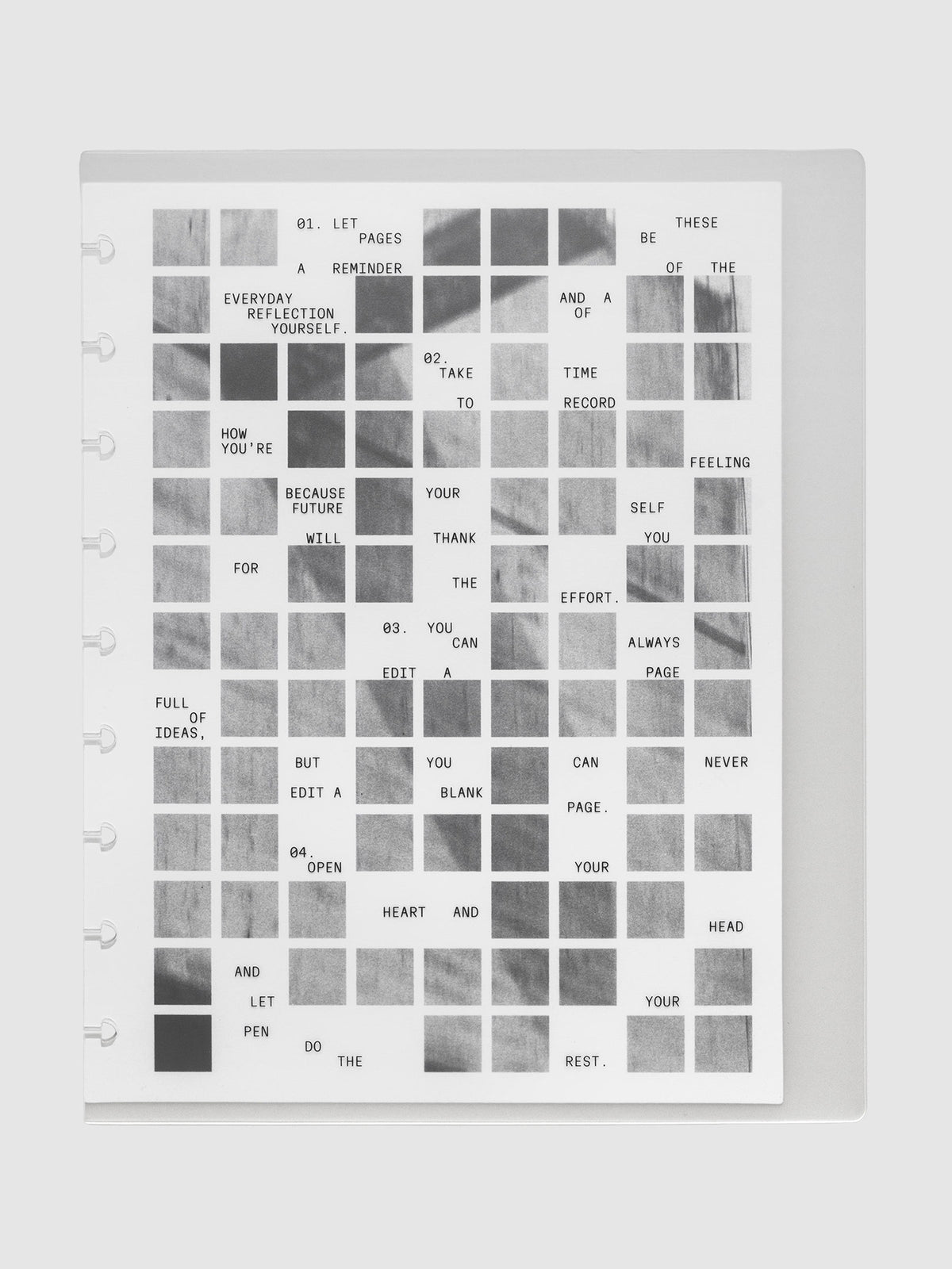 Clear planner cover with black printed text paired with a photographic black and white dashboard. Shown pre-punched for discbound planners in the size HP Classic.