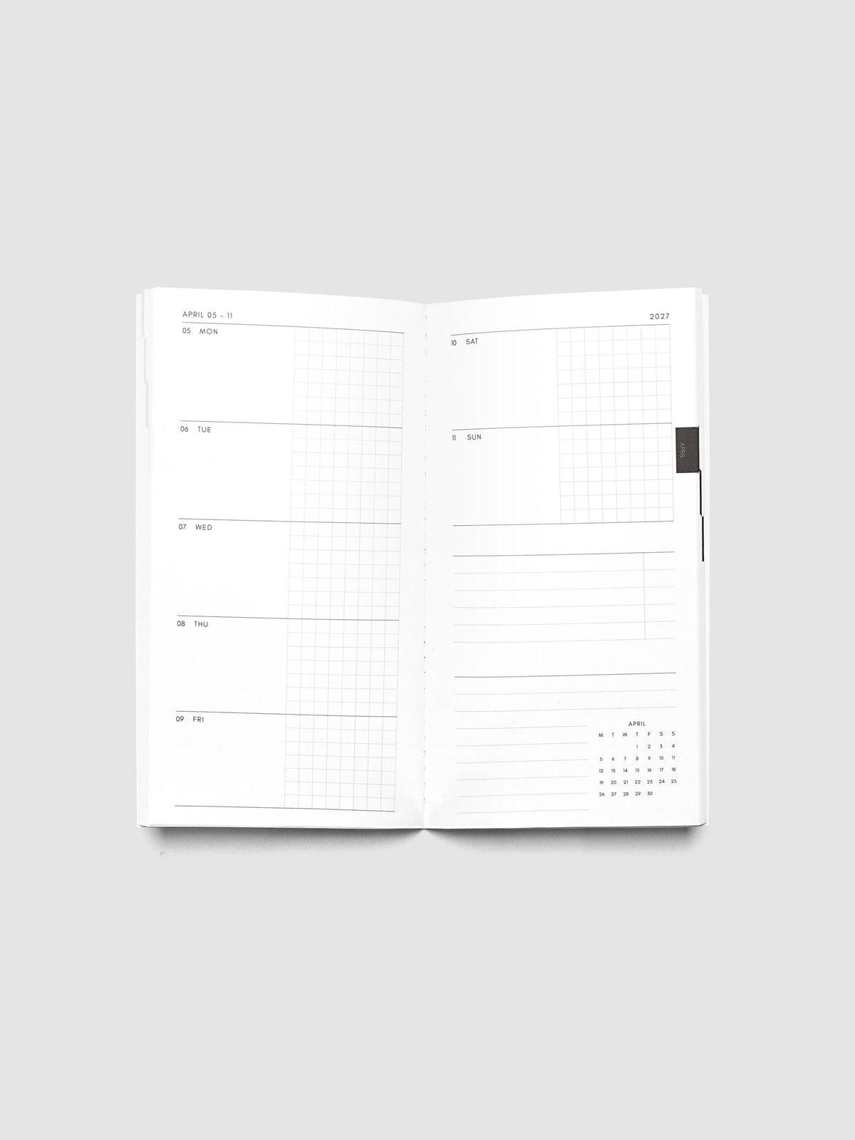 Open Jan–Jun 2027 Dated Travel Notebook showing the full weekly spread, with split daily columns on the left page and weekend dates, task section, notes section, and month-at-a-glance on the right