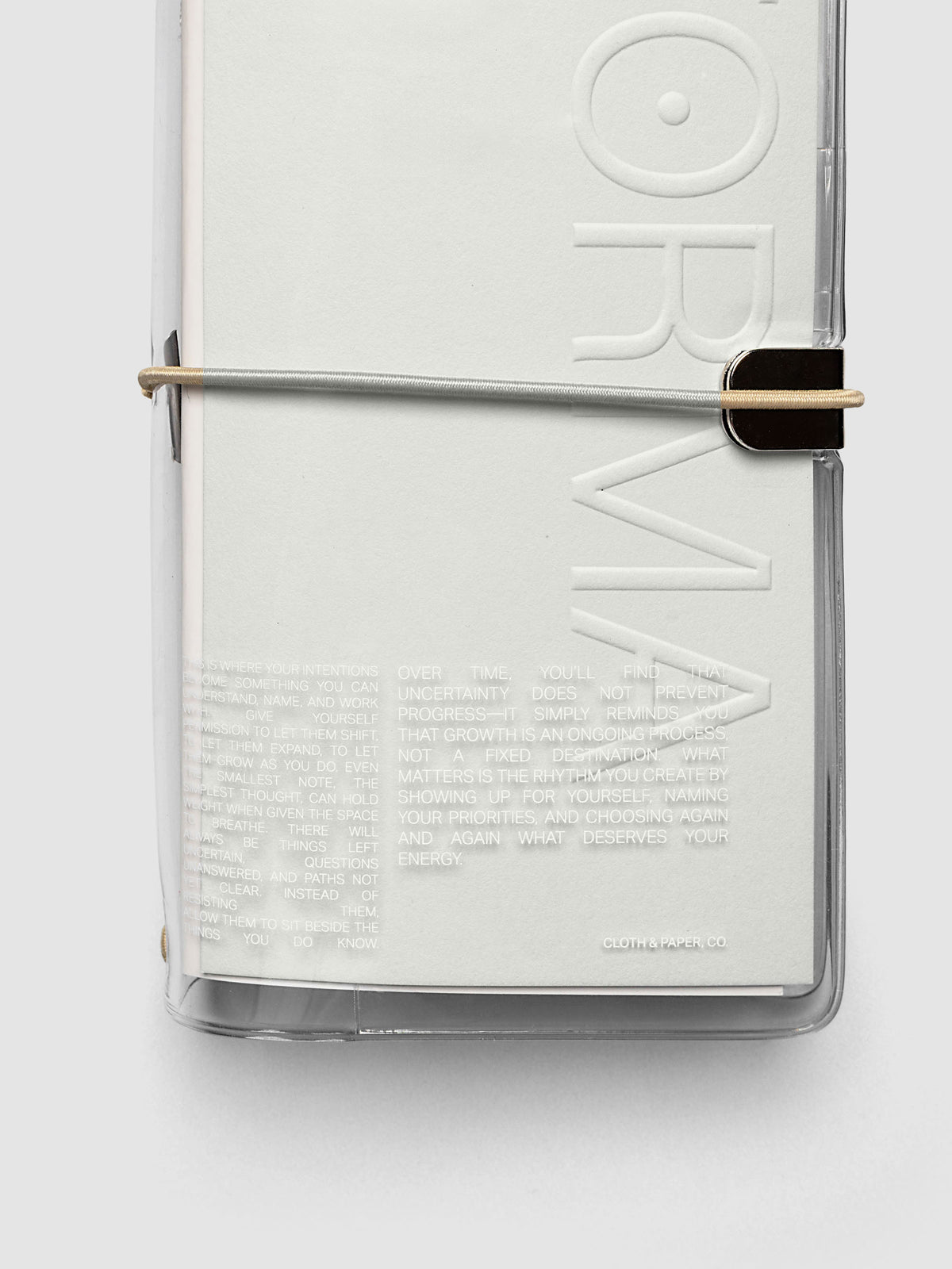 Detail view of screen printed text on the FORMA Travel Notebook cover.