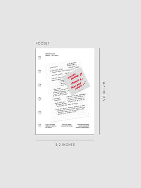 Pocket size Behind the Scenes Dashboard Duo insert measuring 3.2 by 4.7 inches. Clean design with grid and handwritten-style details, plus sticky note overlay, with three-ring punches.