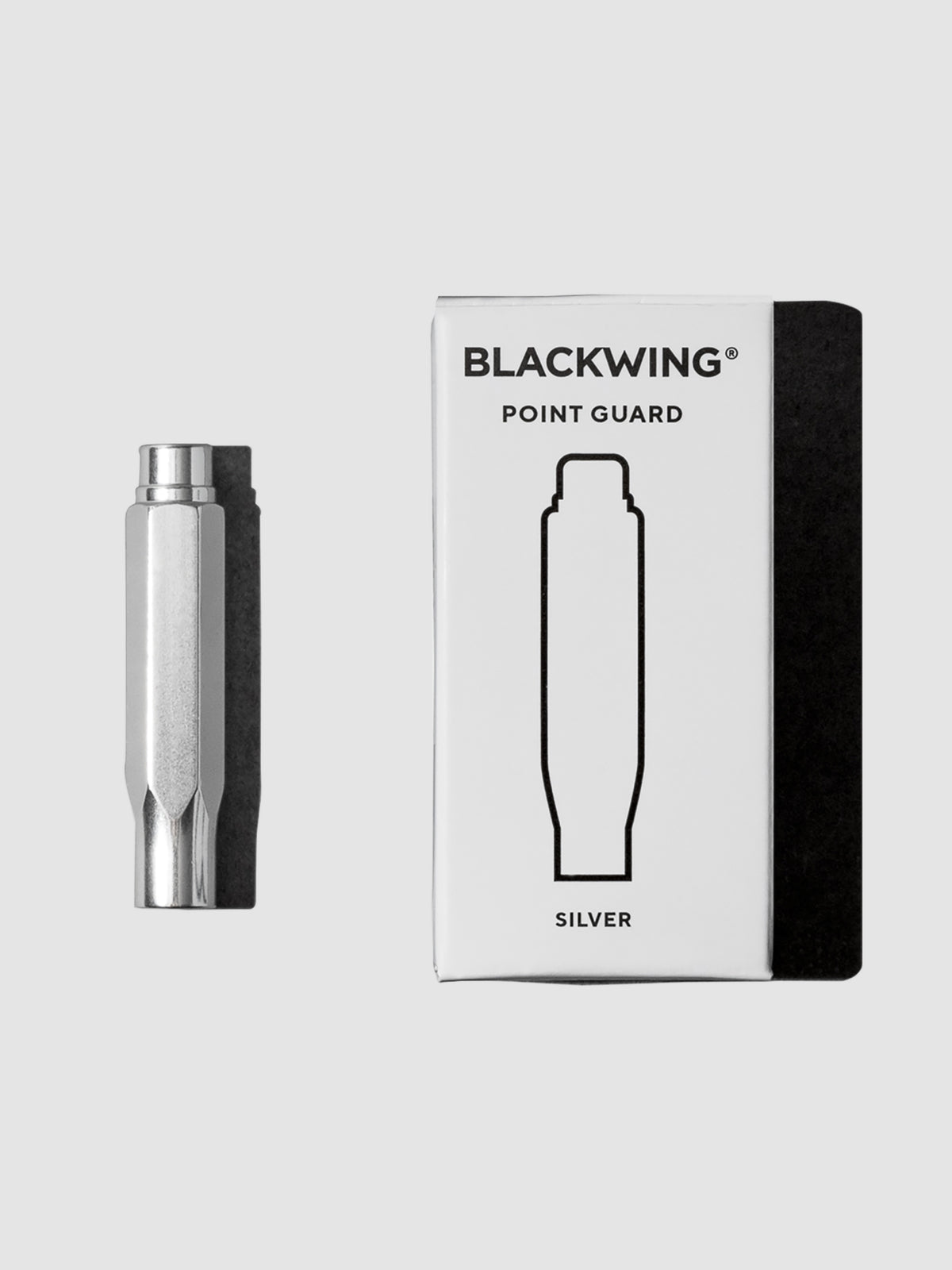 From left to right, the image shows the blackwing point guard in silver next to its box.