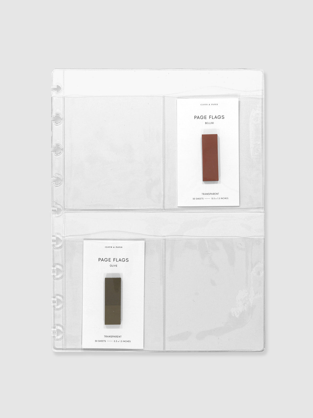 Two sets of page flags are displayed in two of the pockets. Size shown is HP Classic.