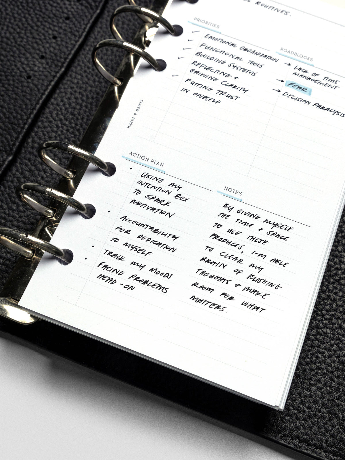 Close up of a filled in Daily intention Inserts using the example of wellness routines as the goal with broken down priorities, roadblocks, action plan, and notes.