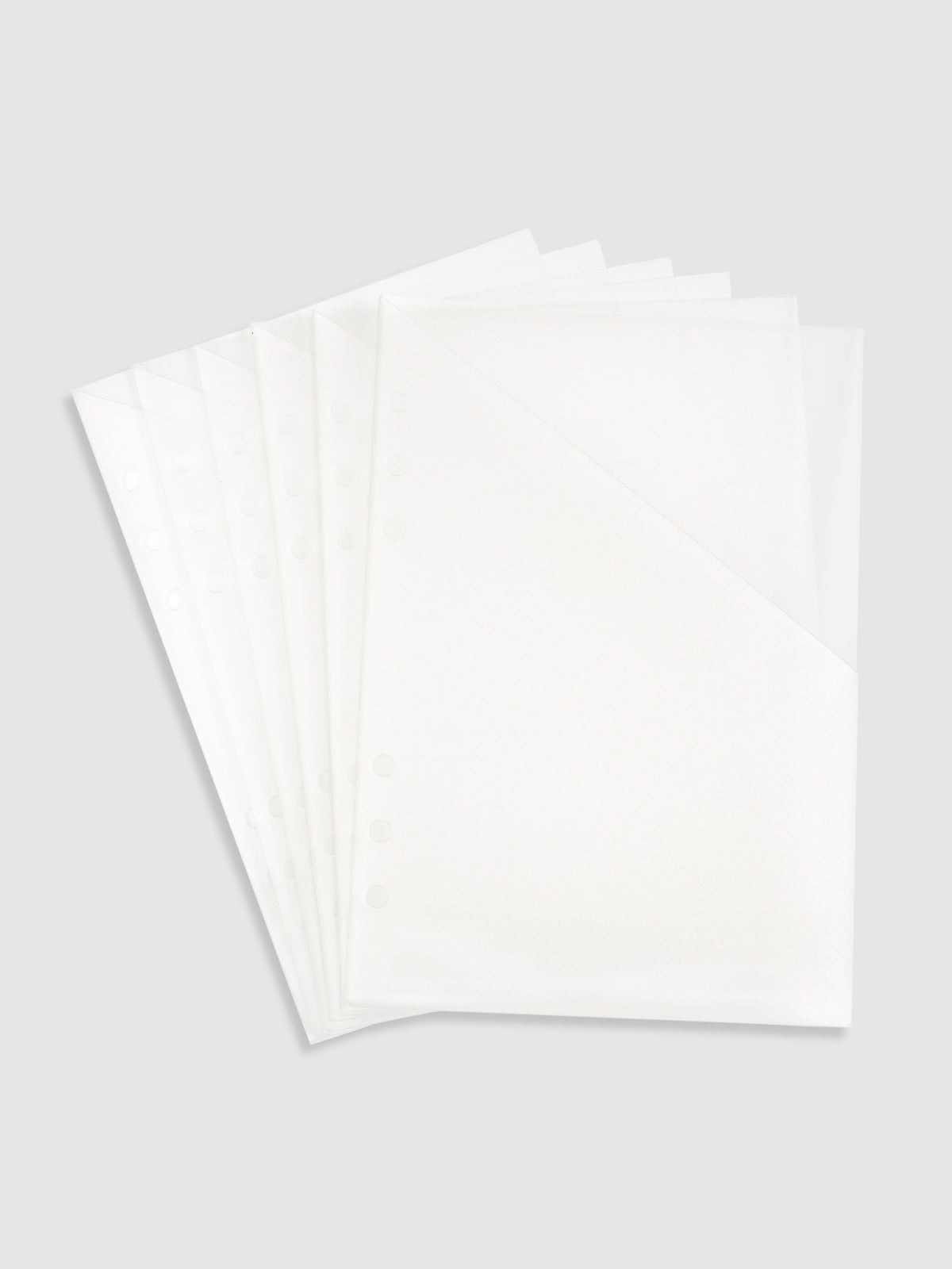 Full set of six pocket folders fanned out on a neutral background.